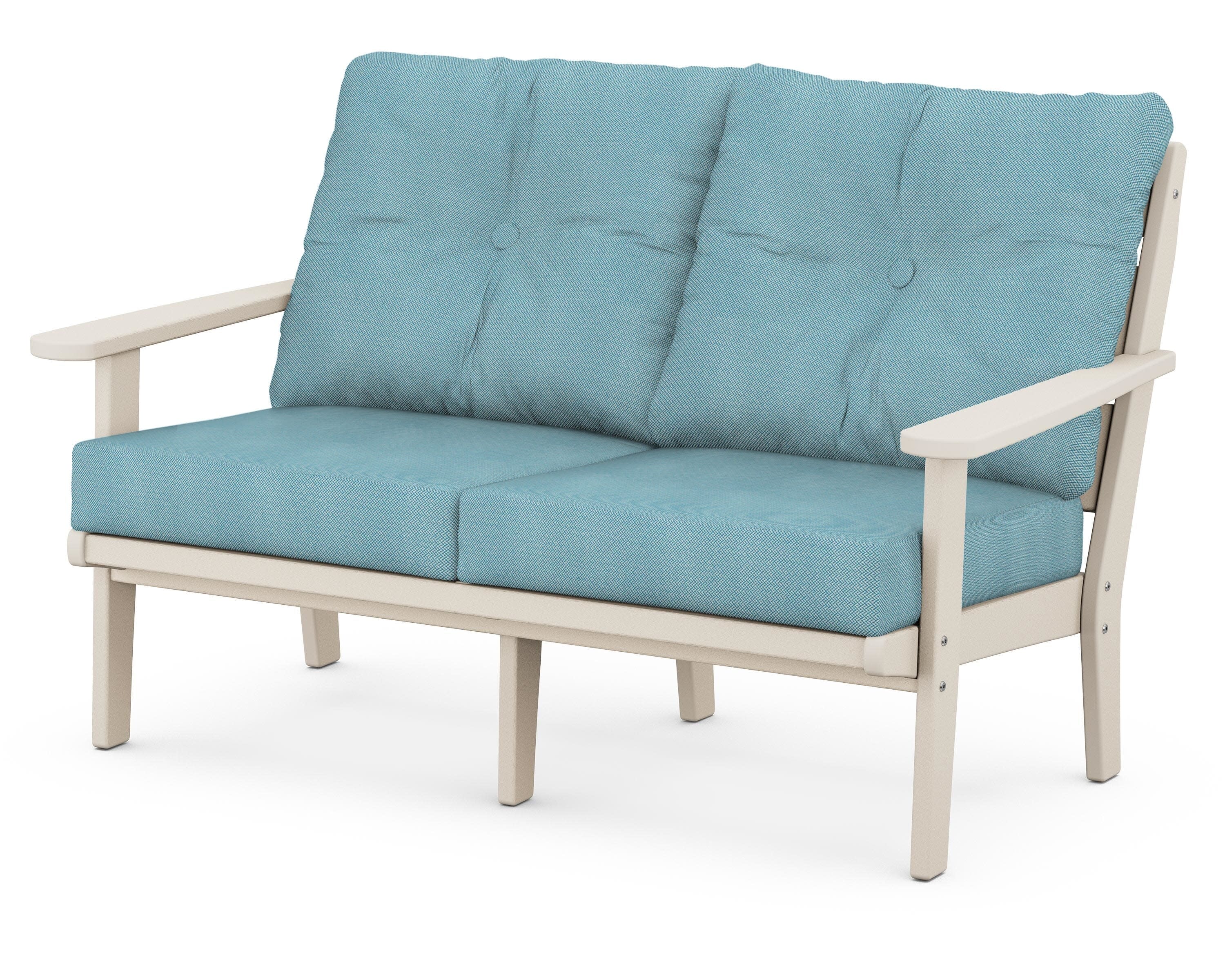 Lakeside Deep Seating Loveseat in Sand / Lattice Sky Blue