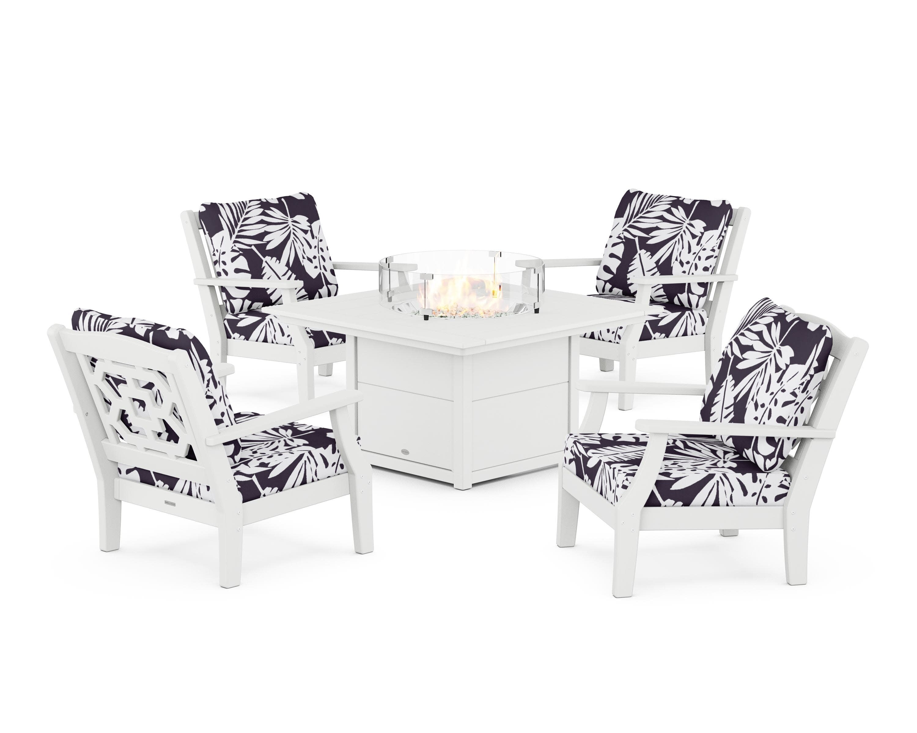 Chinoiserie 5-Piece Deep Seating Set with Fire Pit Table in White / Leaf Navy