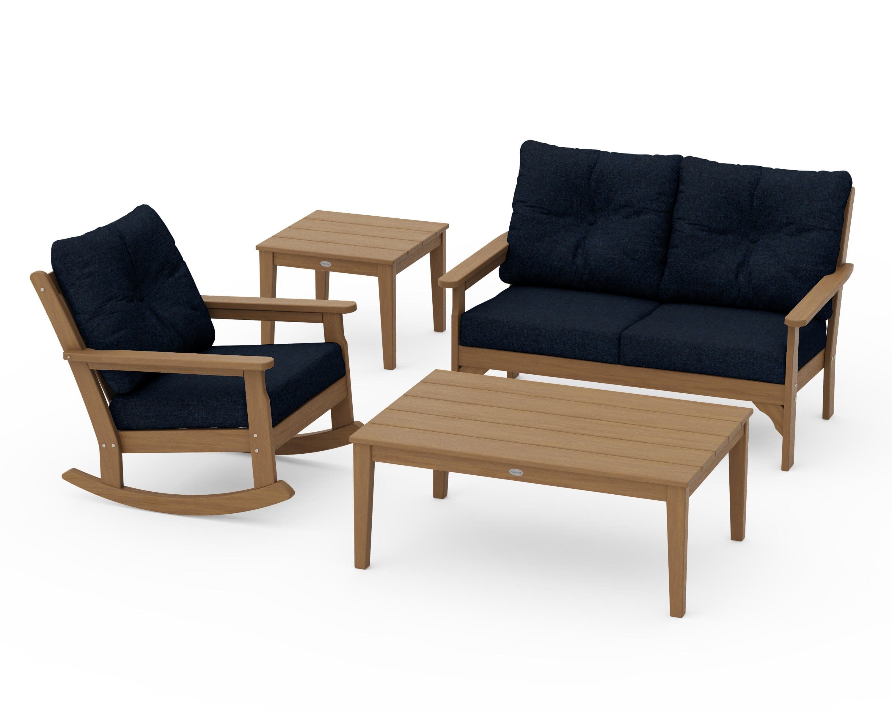 Vineyard 4-Piece Deep Seating Rocker Set in Natural / Marine Indigo