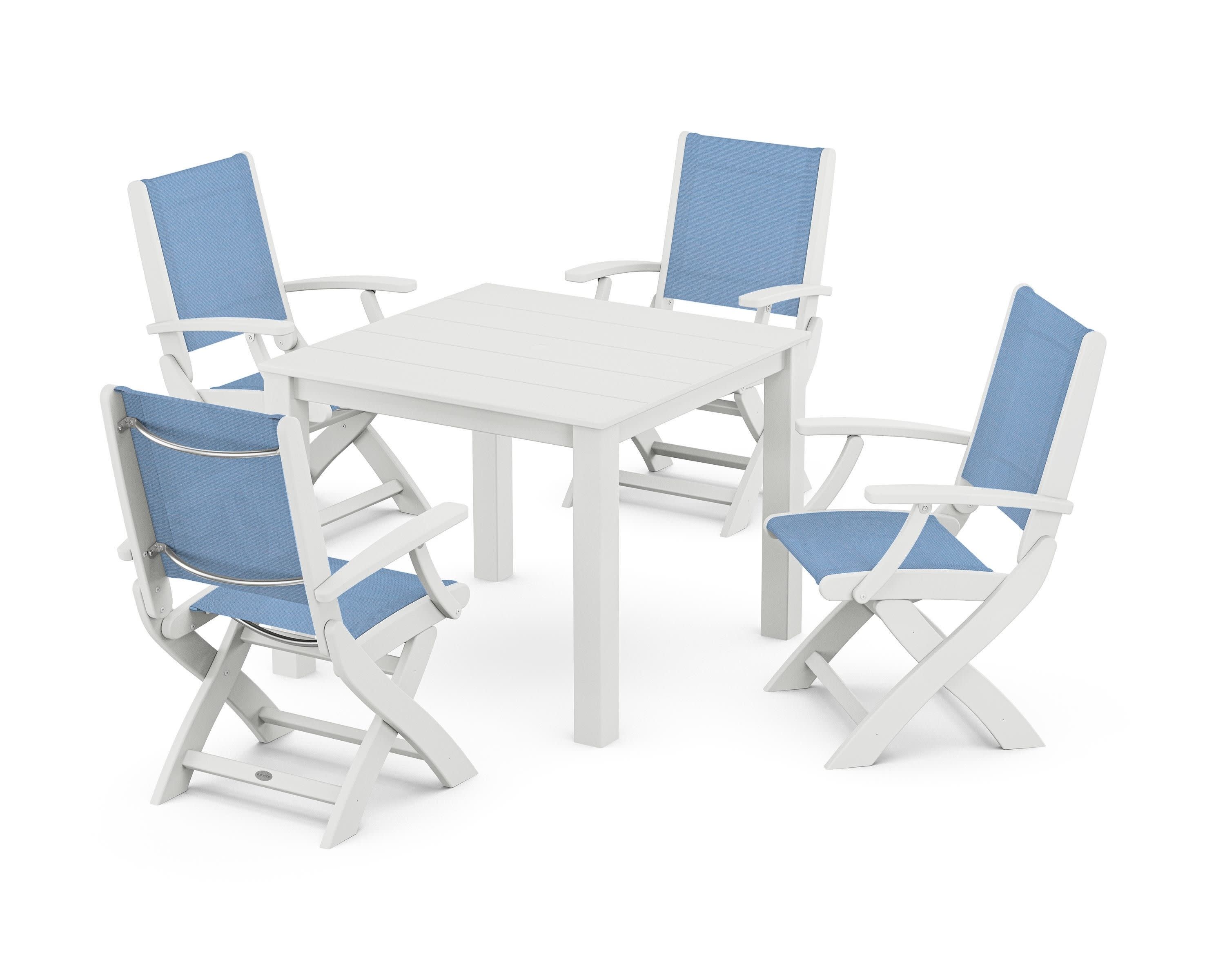 Coastal Folding Chair 5-Piece Parsons Dining Set in White / Poolside Sling