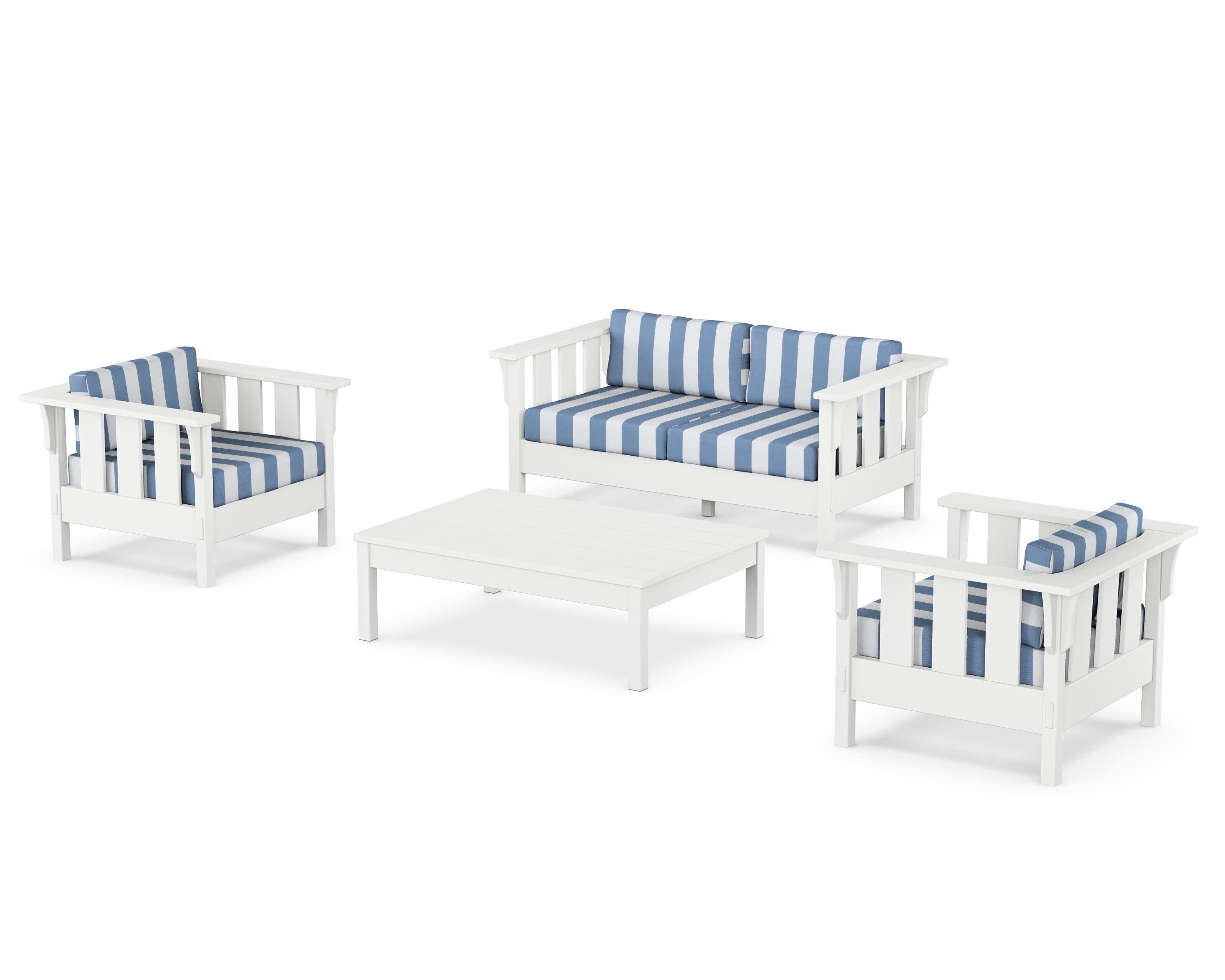 Acadia 4-Piece Deep Seating Set with Loveseat in White / Cabana Stripe Sky Blue