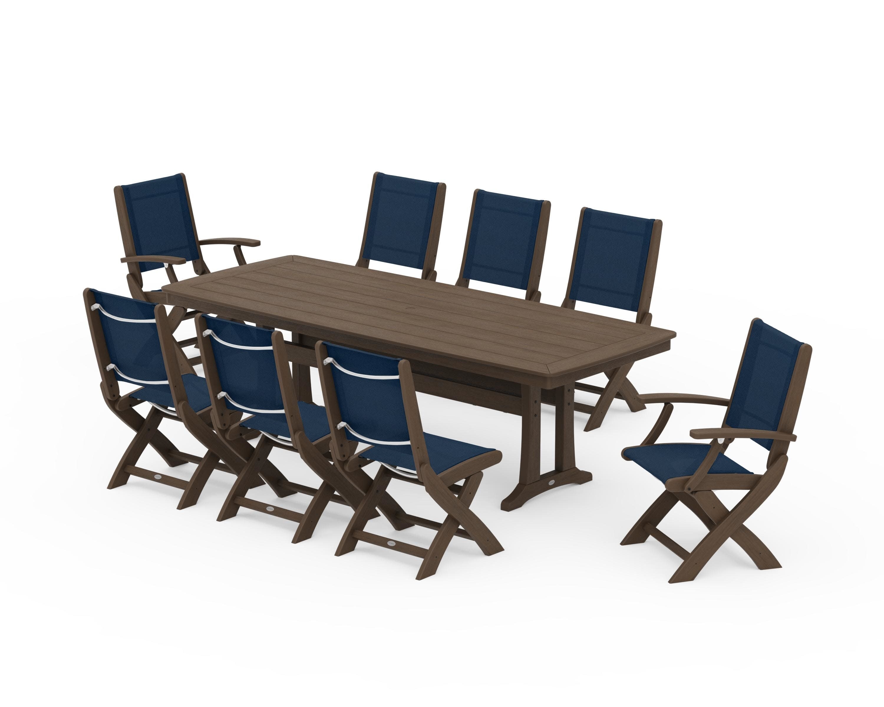 Coastal Folding 9-Piece Dining Set with Trestle Legs in Kona / Navy Blue Sling
