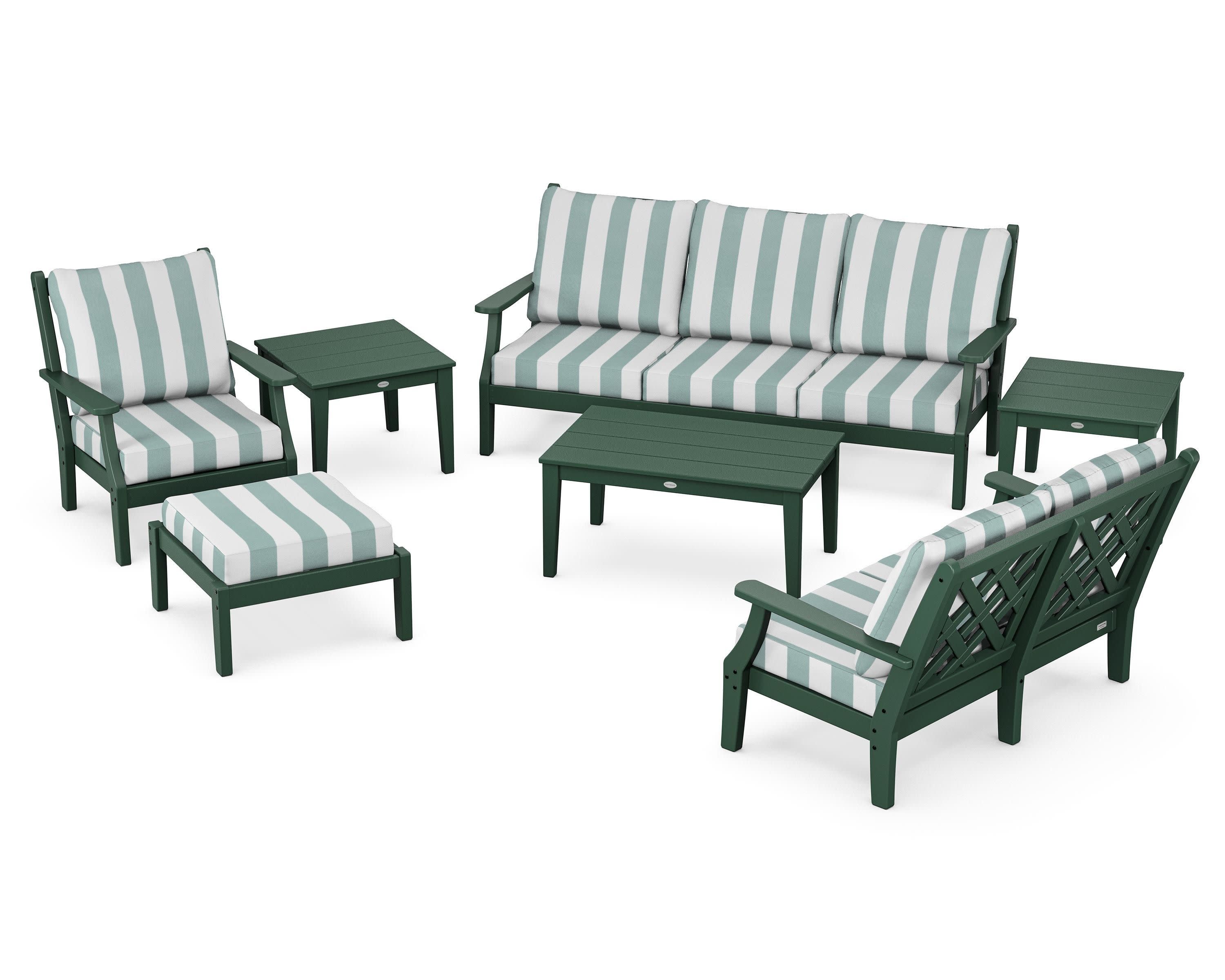 Wovendale 7-Piece Deep Seating Set in Green / Cabana Stripe Glacier Spa