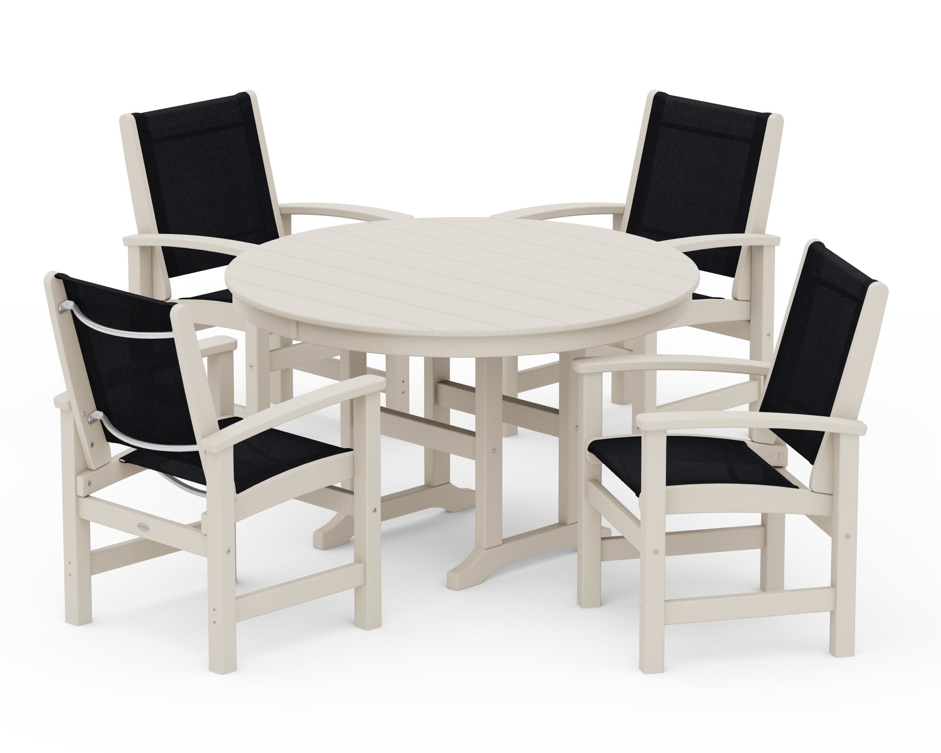 Coastal 5-Piece Round Farmhouse Dining Set in Sand / Black Sling