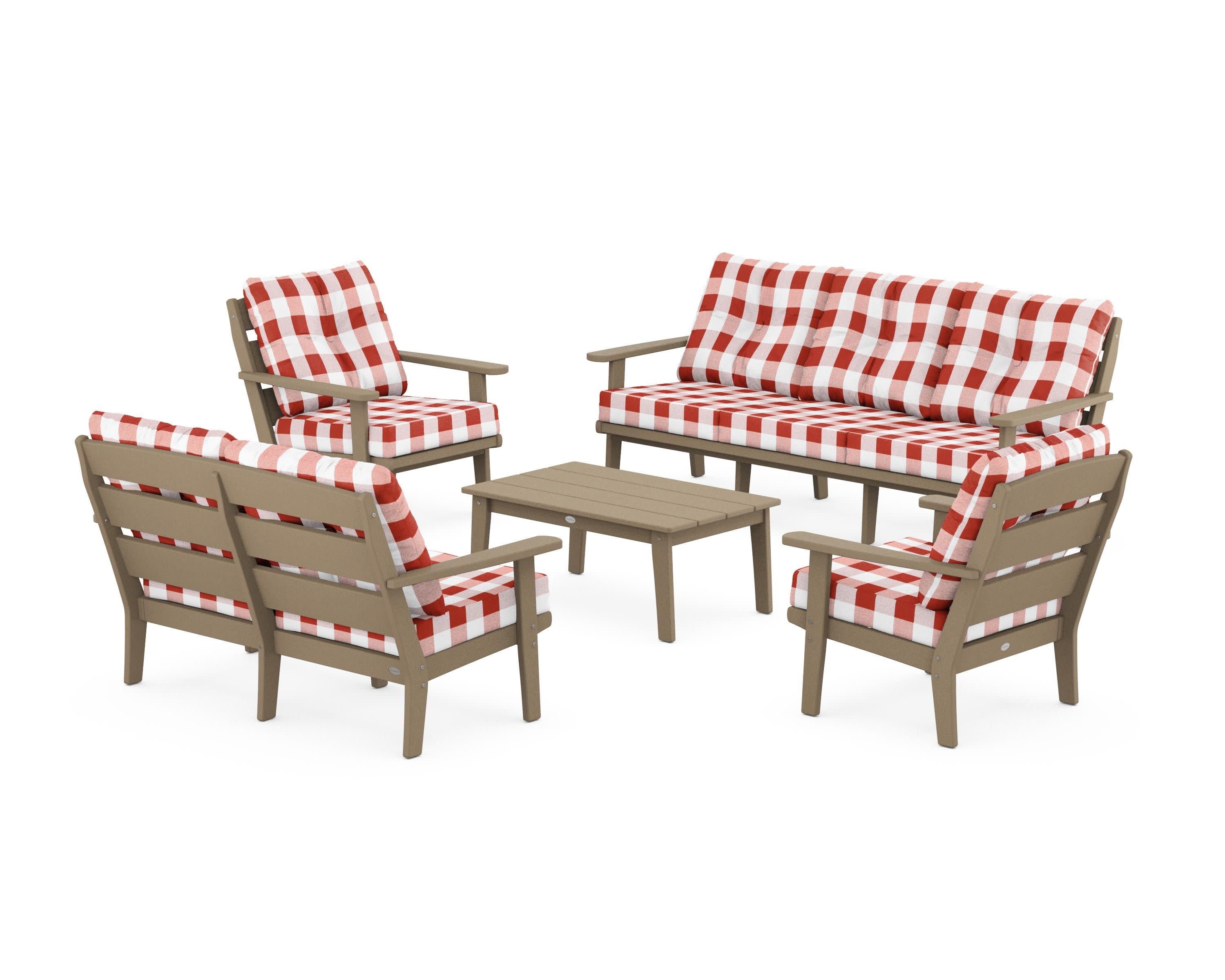 Lakeside 5-Piece Lounge Sofa Set in Vintage Sahara / Buffalo Plaid Crimson