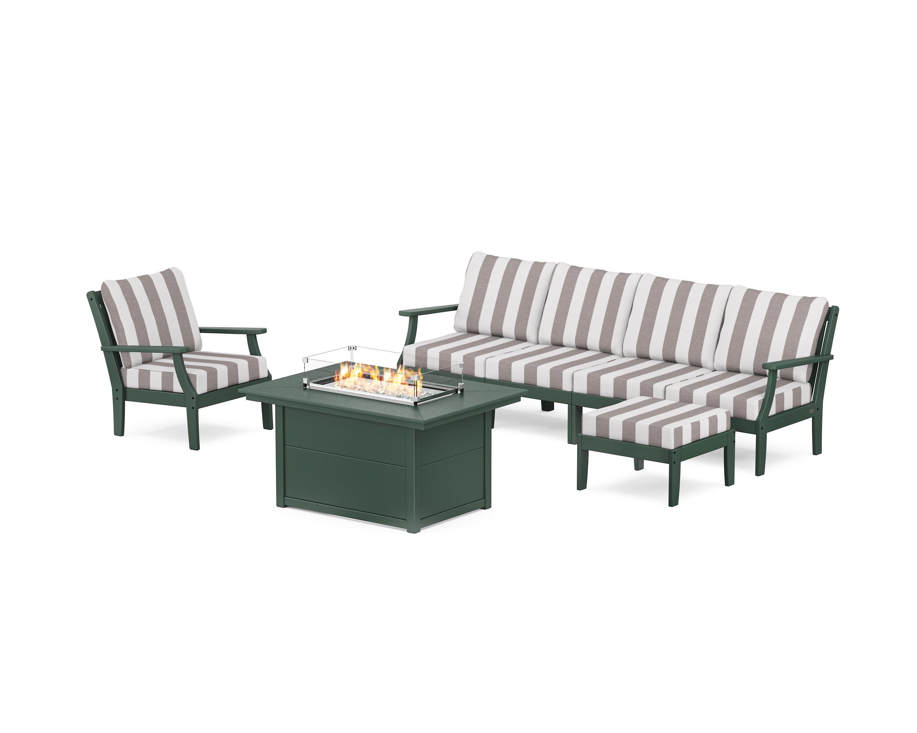 Braxton Sectional Lounge and Fire Pit Set in Green / Cabana Stripe Grey Mist