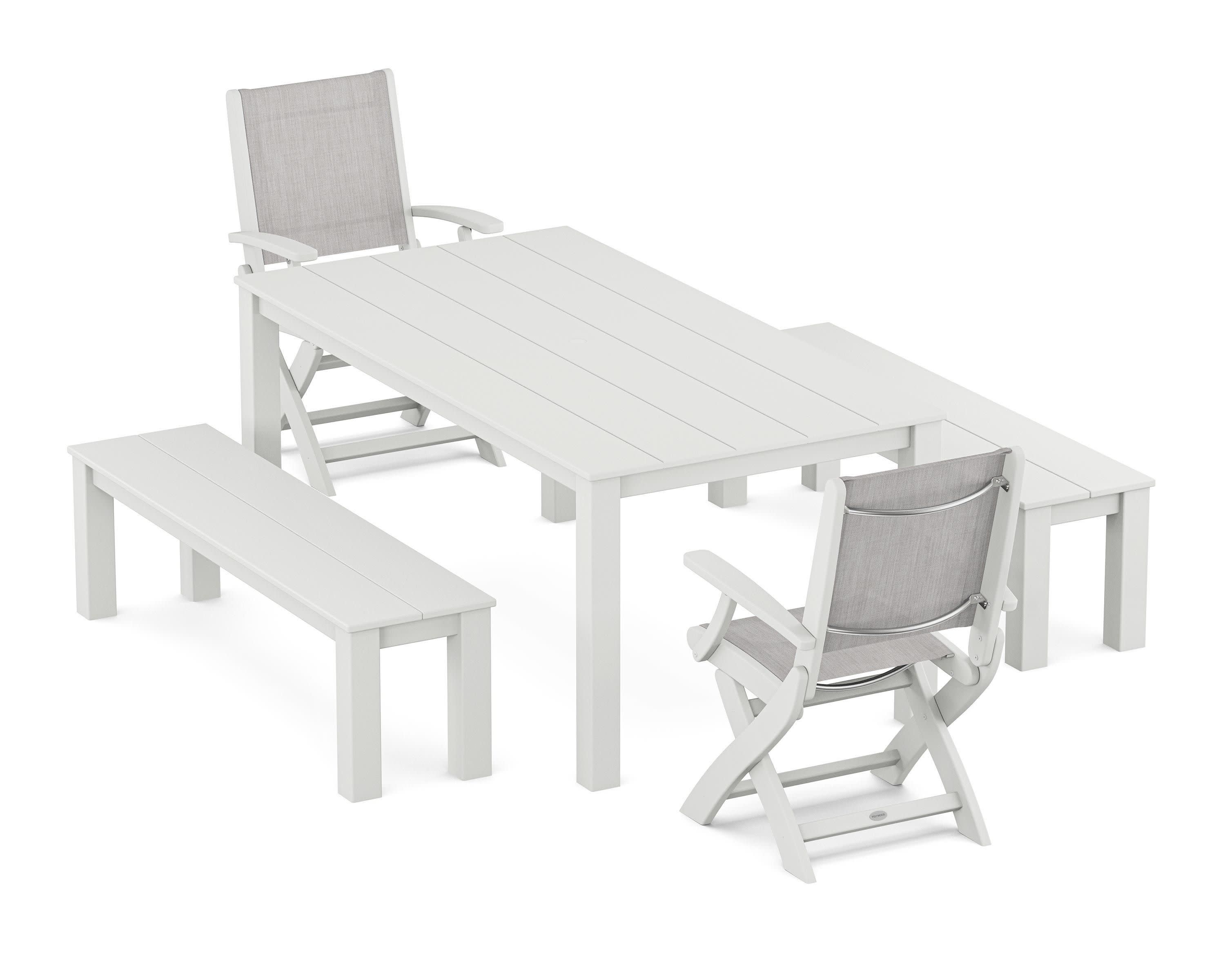 Coastal Folding Chair 5-Piece Parsons Dining Set with Benches in White / Parchment Sling