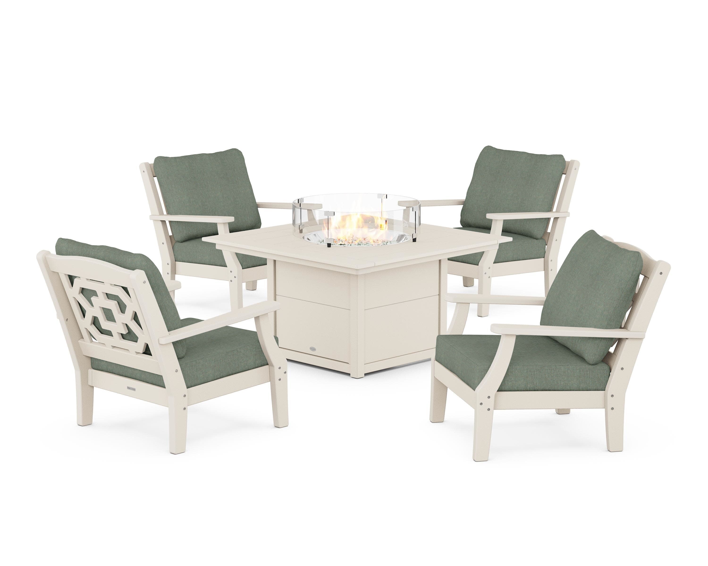 Chinoiserie 5-Piece Deep Seating Set with Fire Pit Table in Sand / Cast Sage
