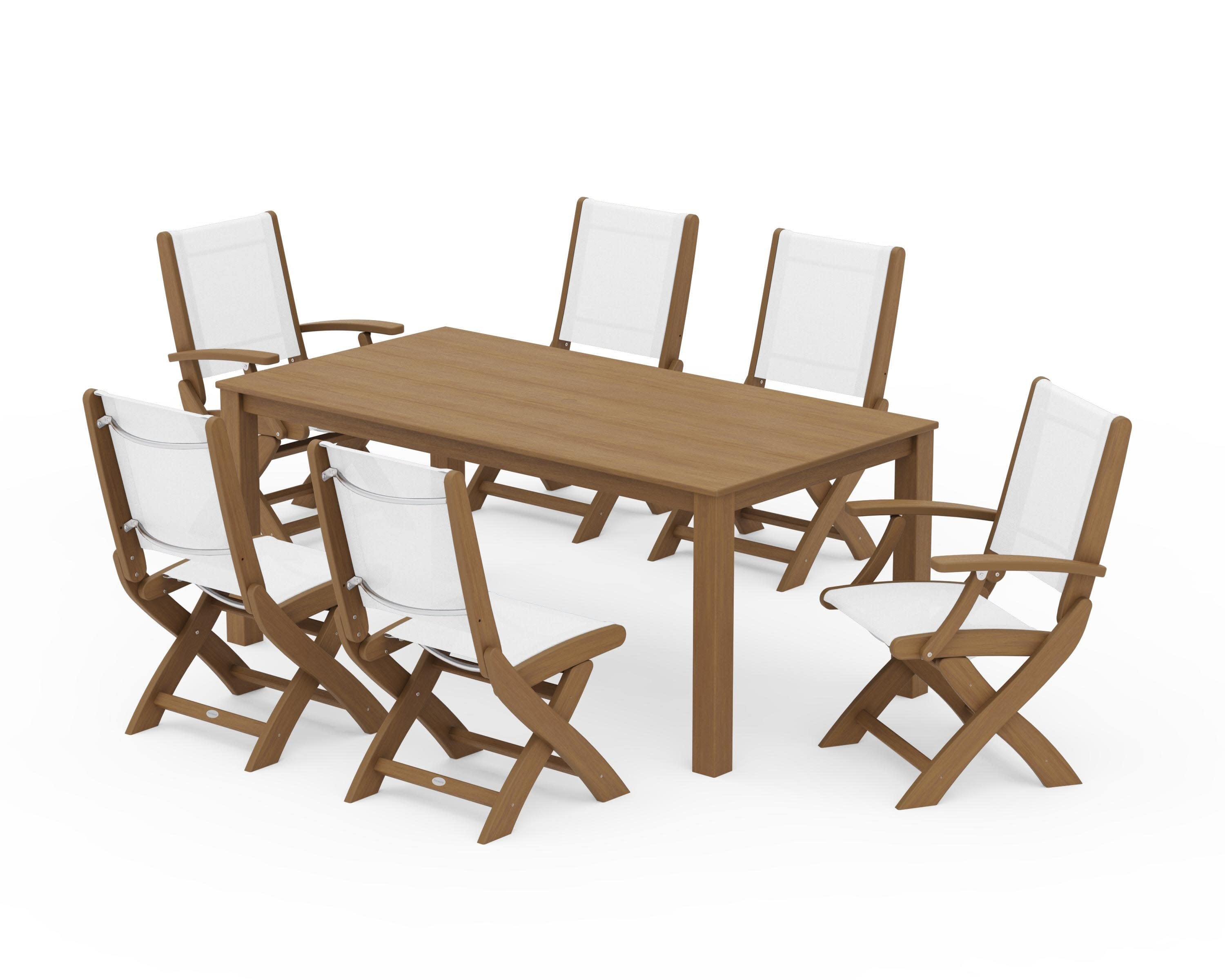 Coastal Folding Chair 7-Piece Parsons Dining Set in Natural / White Sling