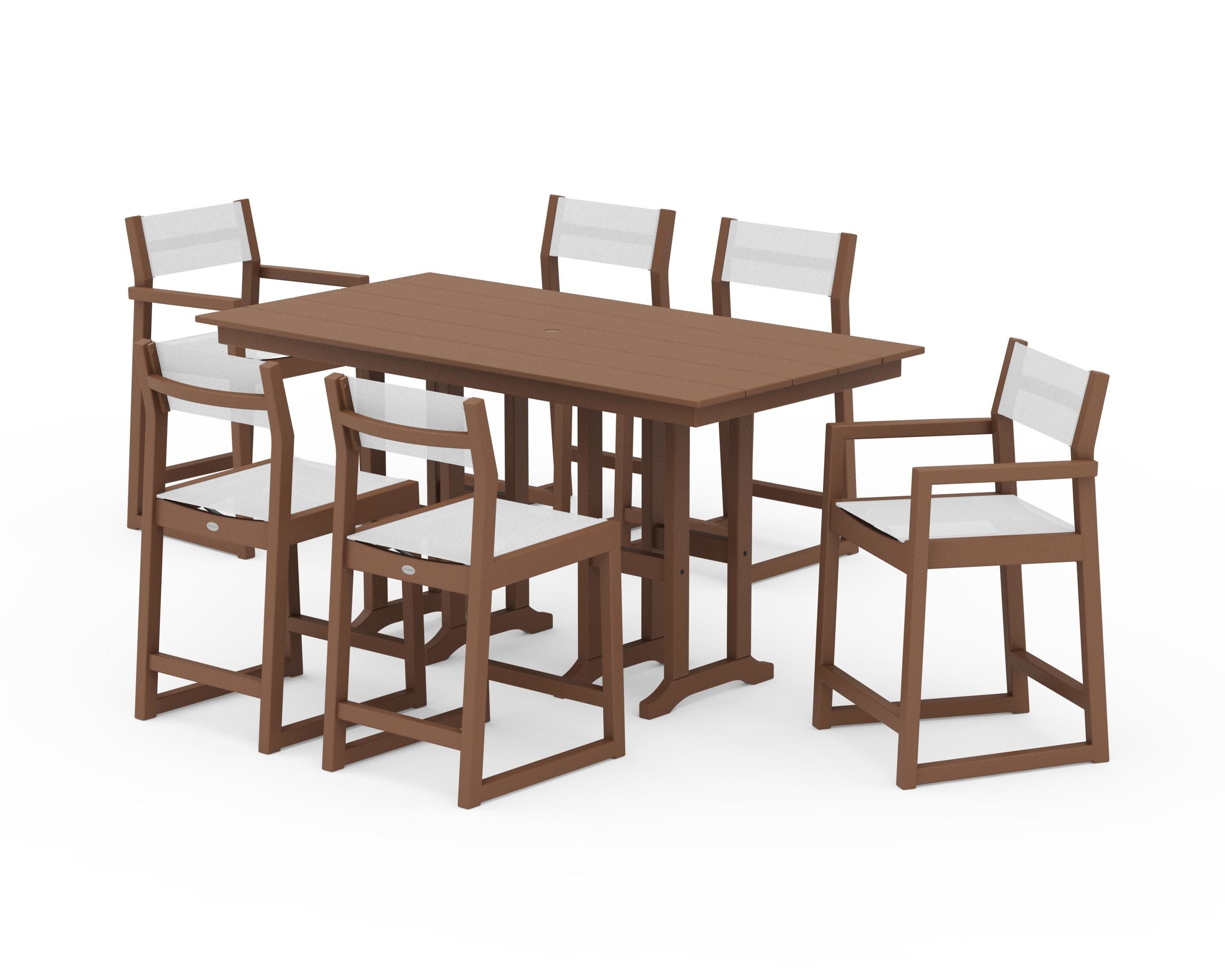 EDGE Sling 7-Piece Farmhouse Counter Set with Trestle Legs in Teak / White Sling