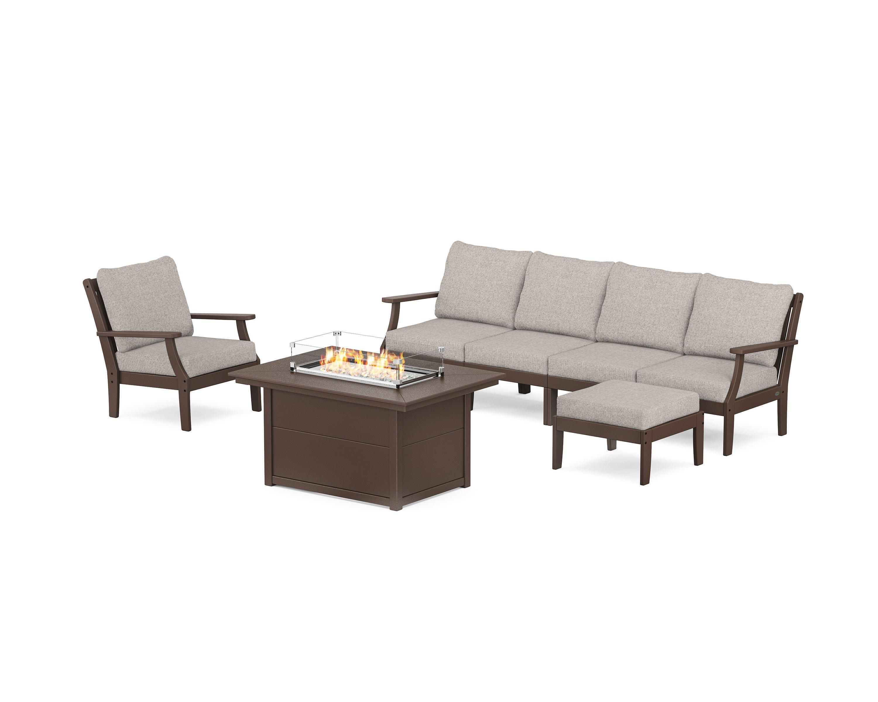 Braxton Sectional Lounge and Fire Pit Set in Mahogany / Weathered Tweed