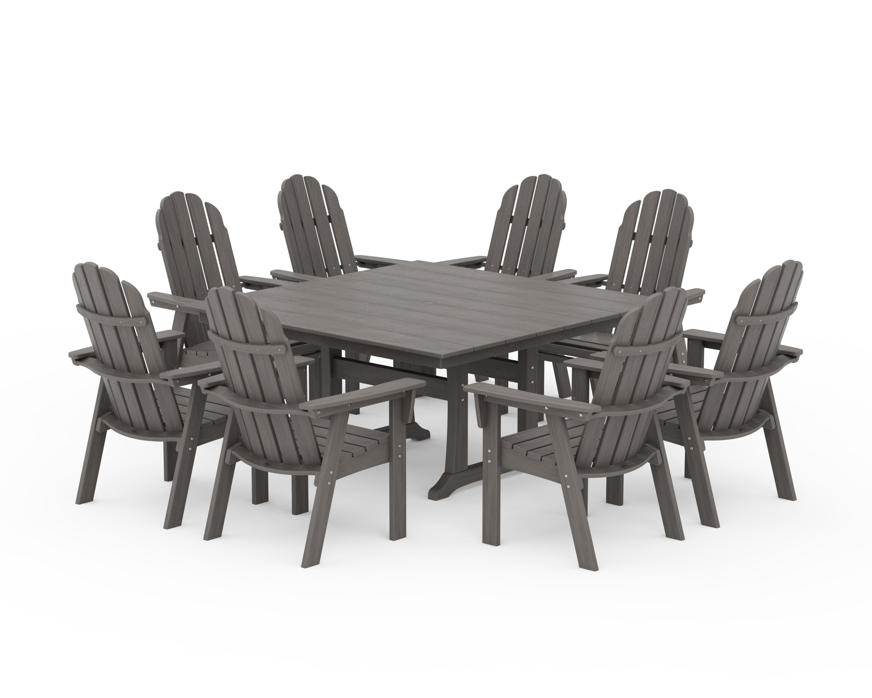 Vineyard Curveback Adirondack 9-Piece Square Farmhouse Dining Set with Trestle Legs in Driftwood