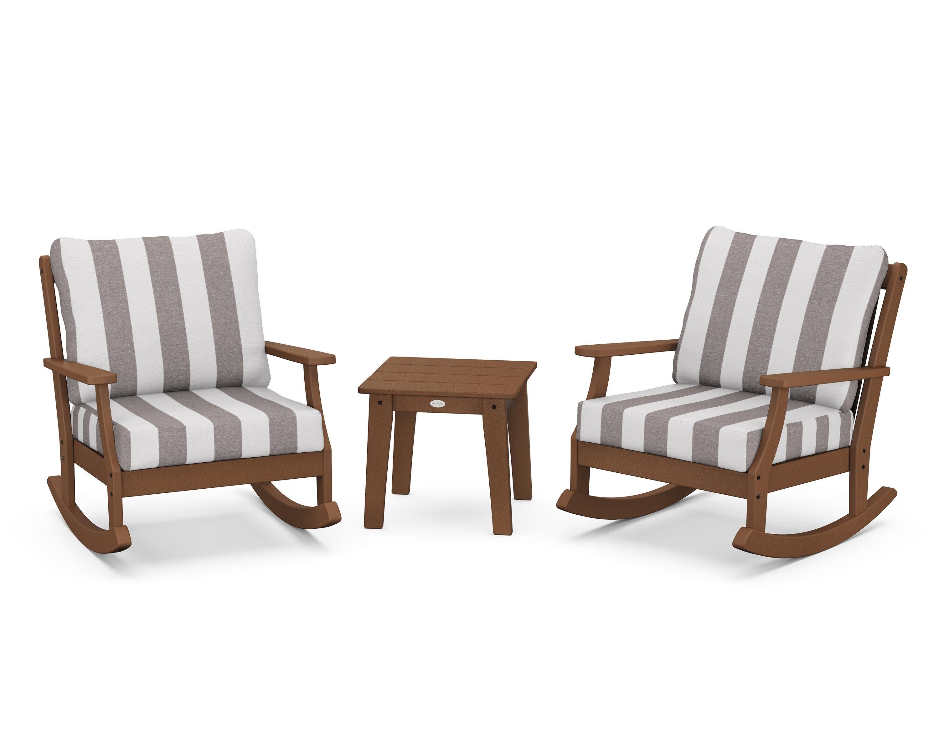 Braxton 3-Piece Deep Seating Rocker Set in Teak / Cabana Stripe Grey Mist