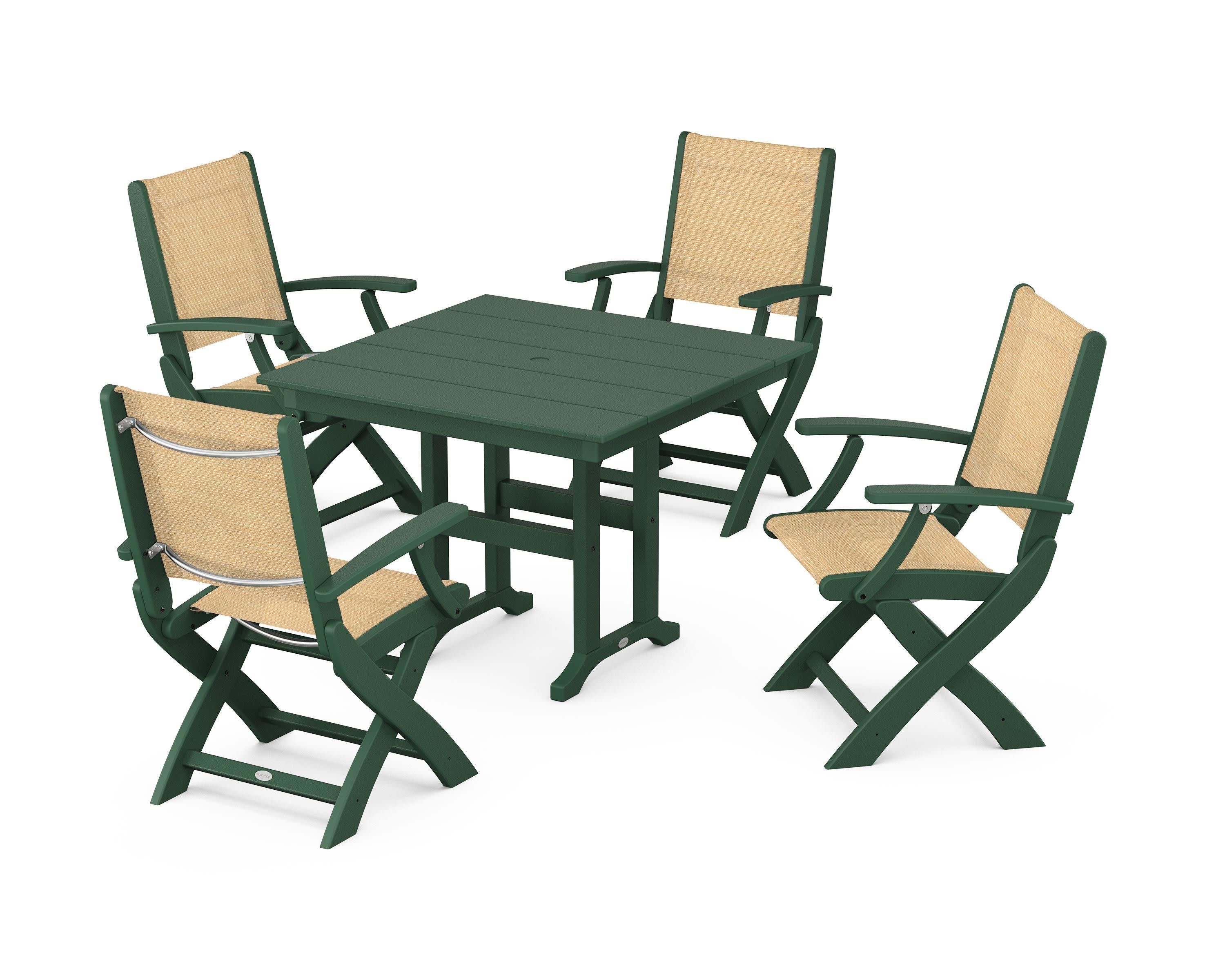 Coastal Folding Chair 5-Piece Farmhouse Dining Set in Green / Dupioni Apricot Sling