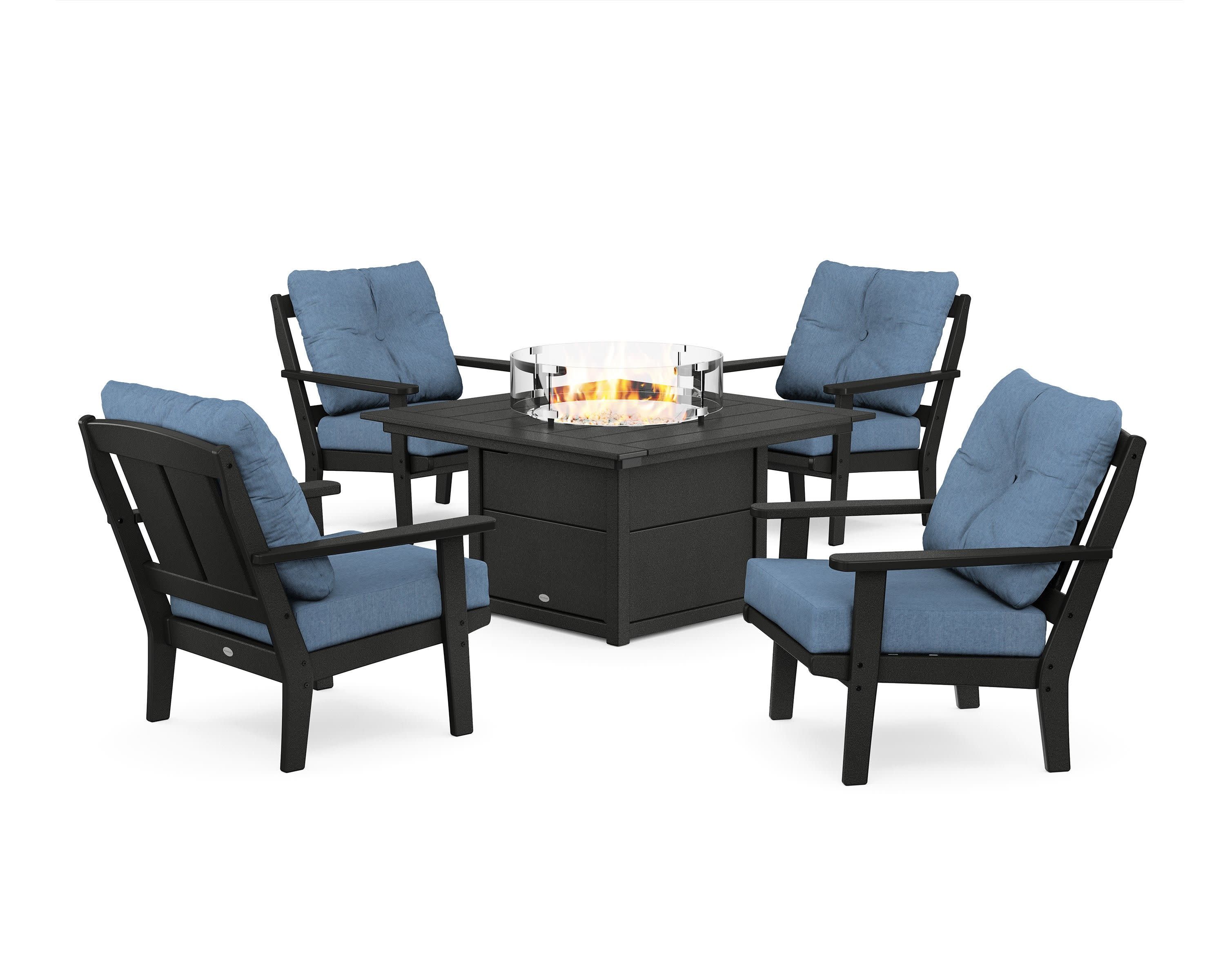 Mission 5-Piece Deep Seating Set with Fire Pit Table in Black / Sky Blue