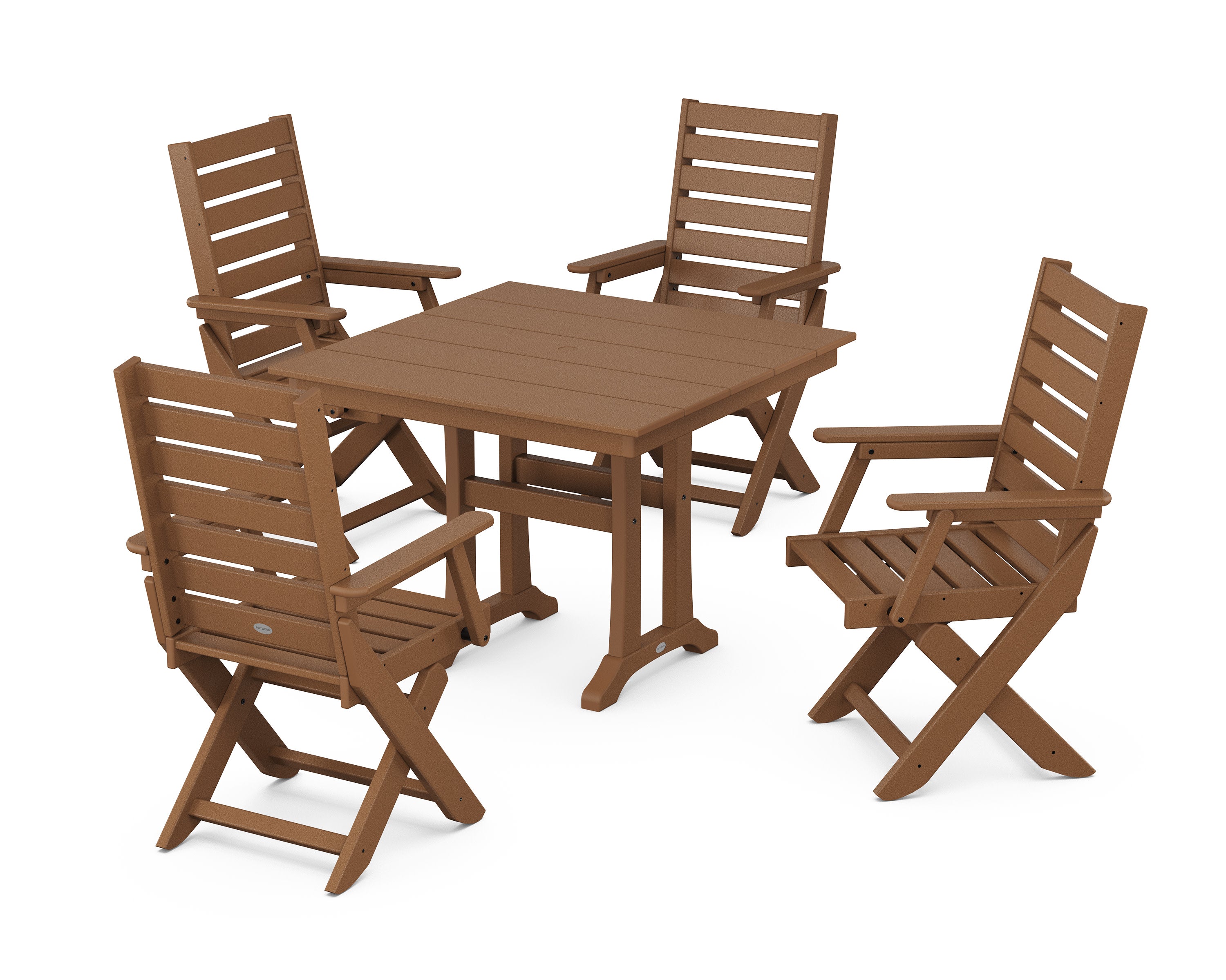 Captain Folding Chair 5-Piece Farmhouse Dining Set With Trestle Legs in Teak