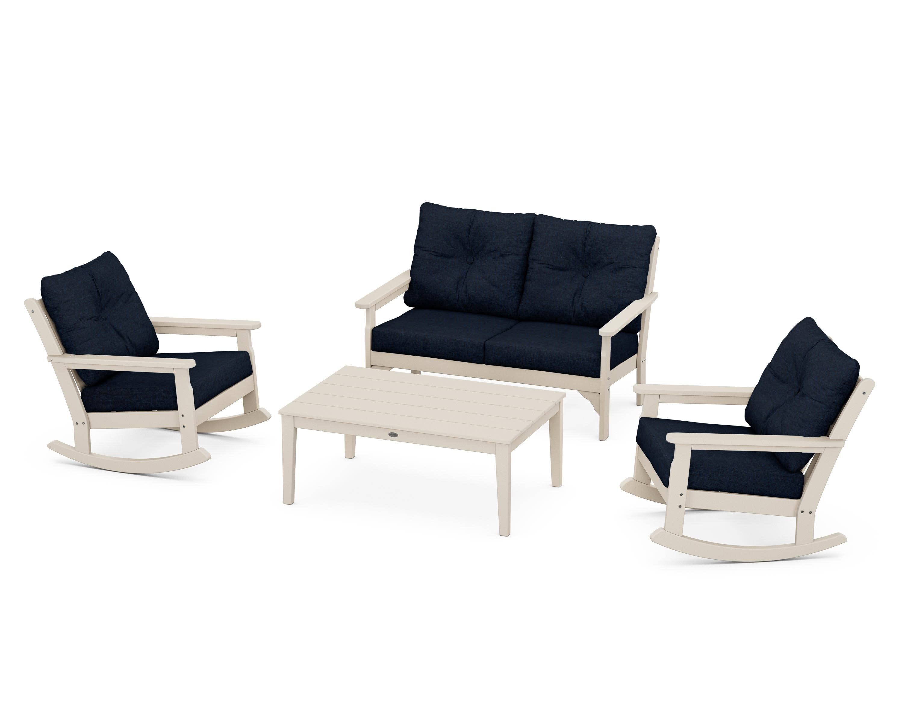 Vineyard 4-Piece Deep Seating Rocking Chair Set in Sand / Marine Indigo
