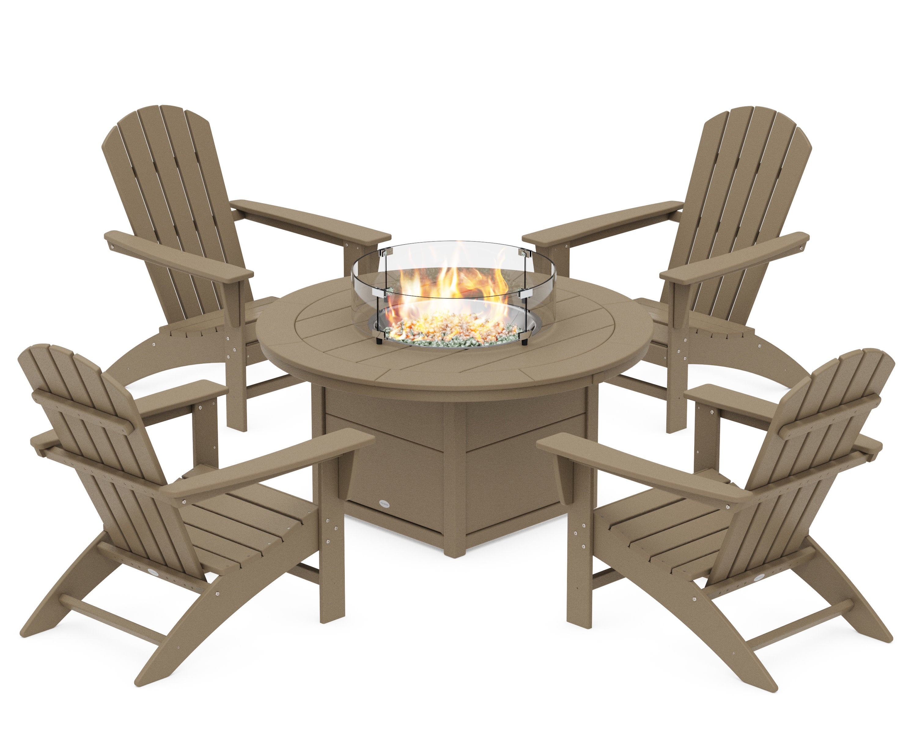 Nautical 5-Piece Adirondack Chair Conversation Set with Fire Pit Table in Vintage Sahara