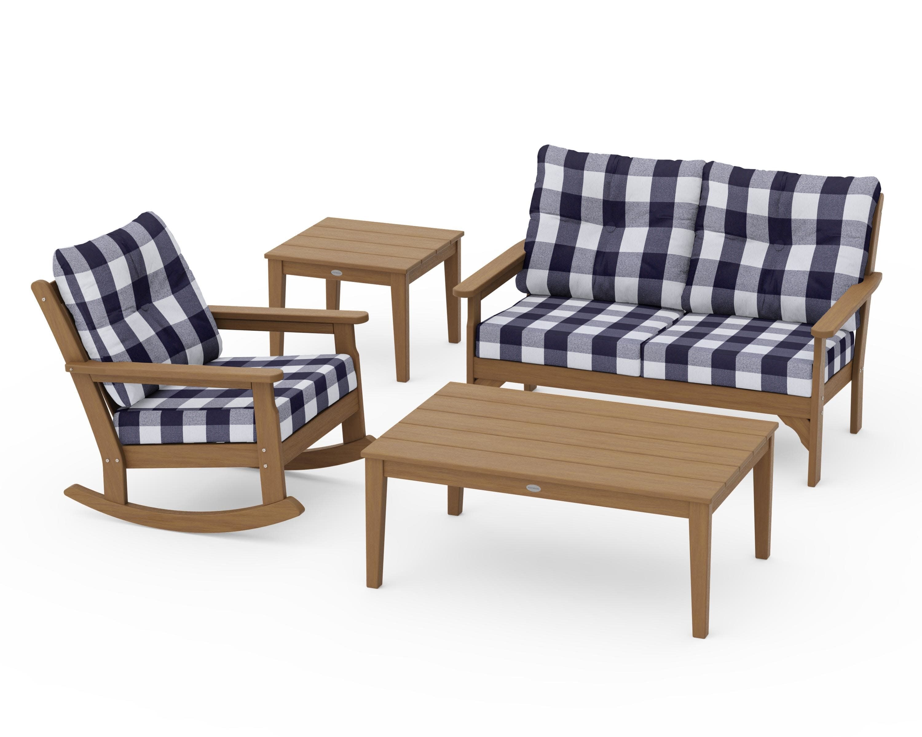 Vineyard 4-Piece Deep Seating Rocker Set in Natural / Buffalo Plaid Navy