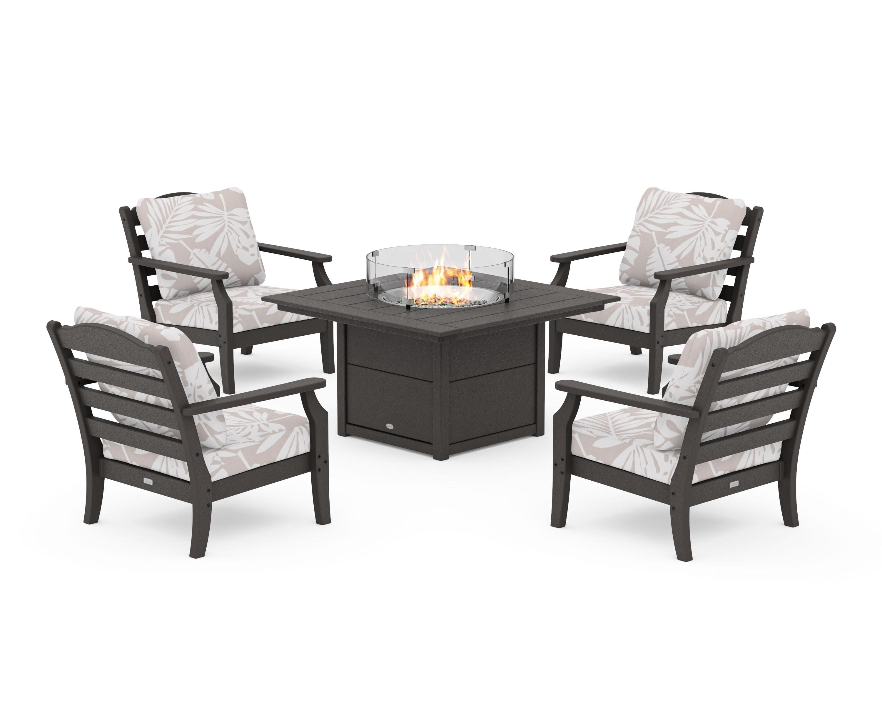 Savannah 5-Piece Deep Seating Set with Fire Pit Table in Vintage Coffee / Leaf Dune Burlap