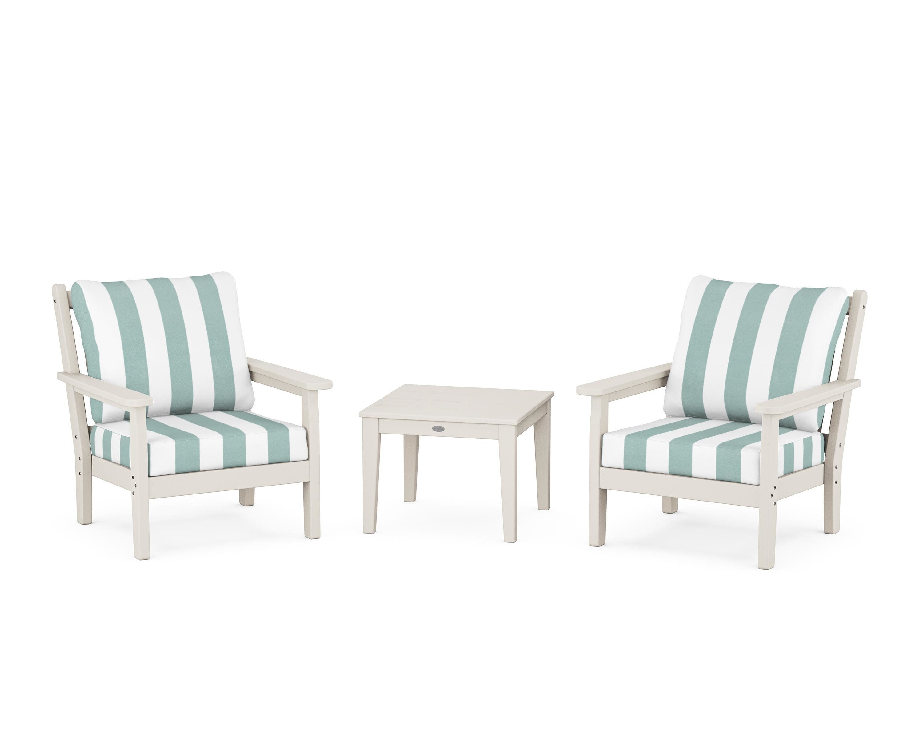 Chippendale 3-Piece Deep Seating Set in Sand / Cabana Stripe Glacier Spa
