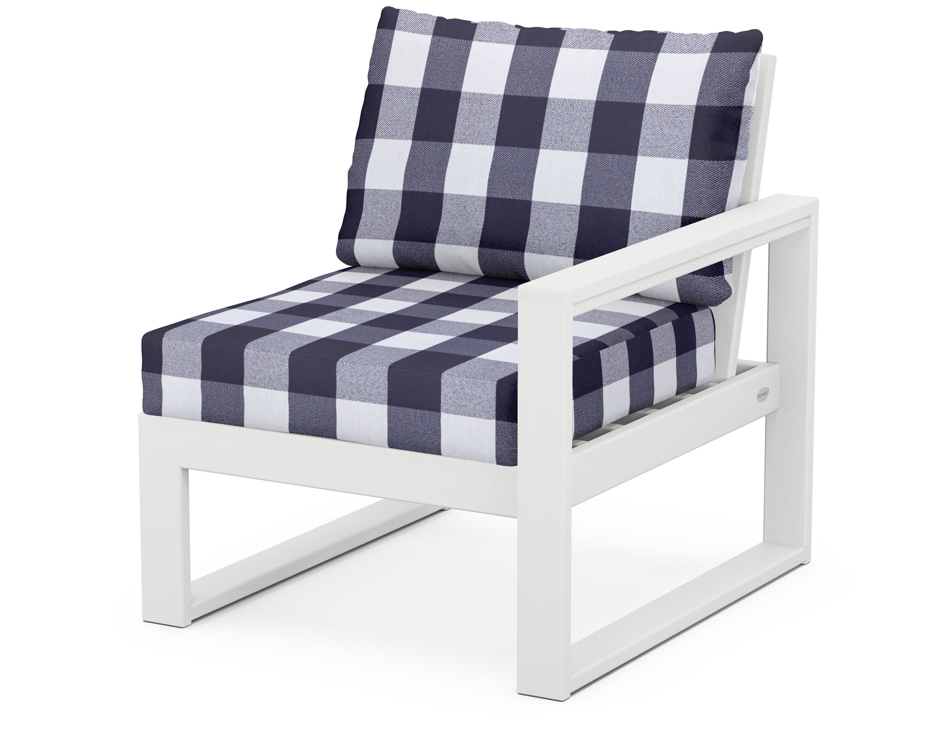 EDGE Modular Right Arm Chair in White / Buffalo Plaid Navy