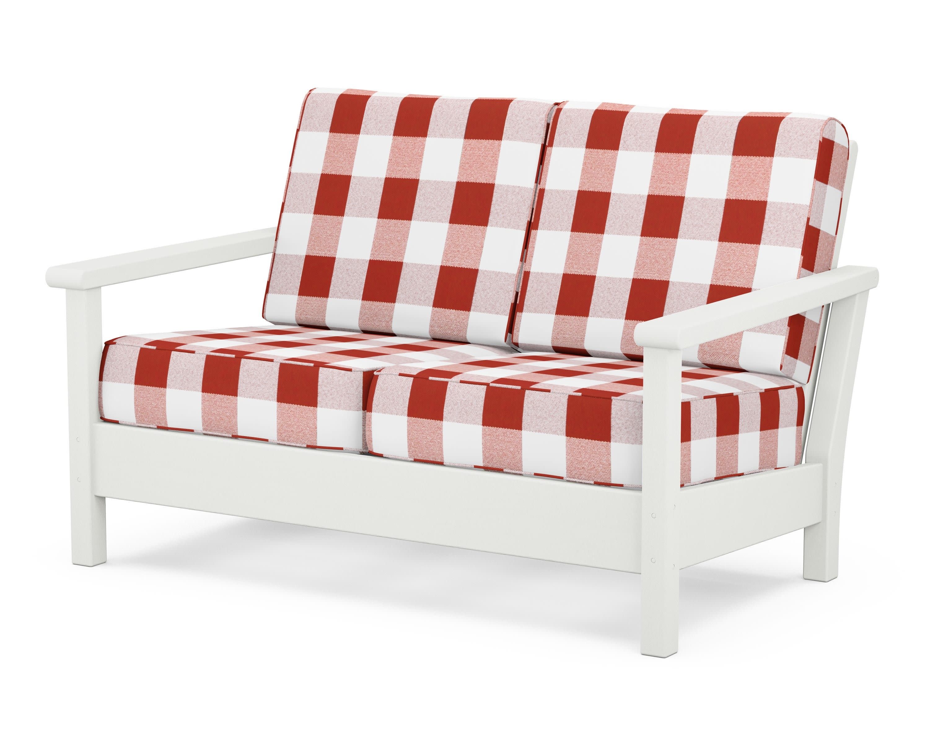 Harbour Deep Seating Loveseat in Vintage White / Buffalo Plaid Crimson