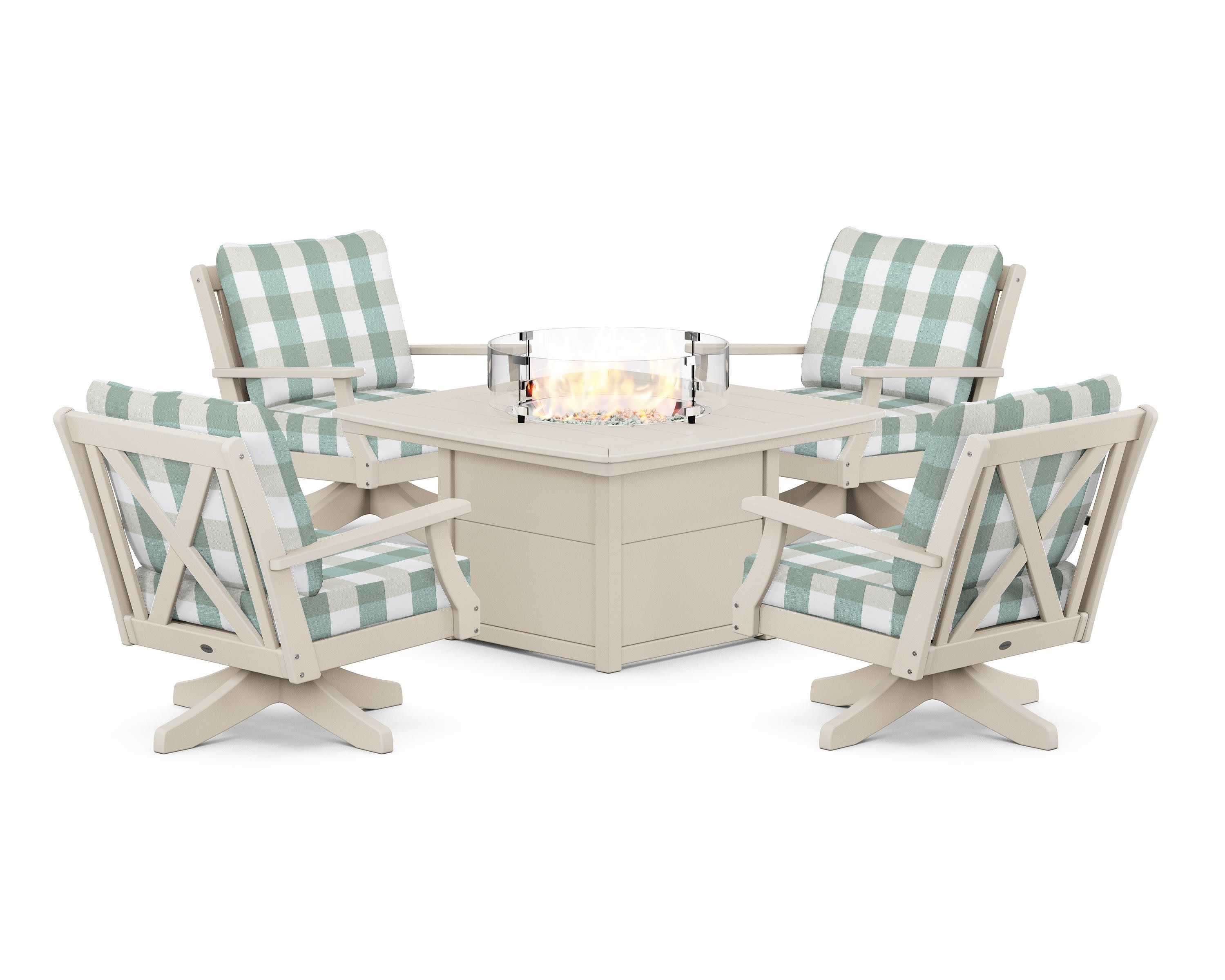 Braxton 5-Piece Deep Seating Swivel Conversation Set with Fire Pit Table in Sand / Buffalo Plaid Glacier Spa