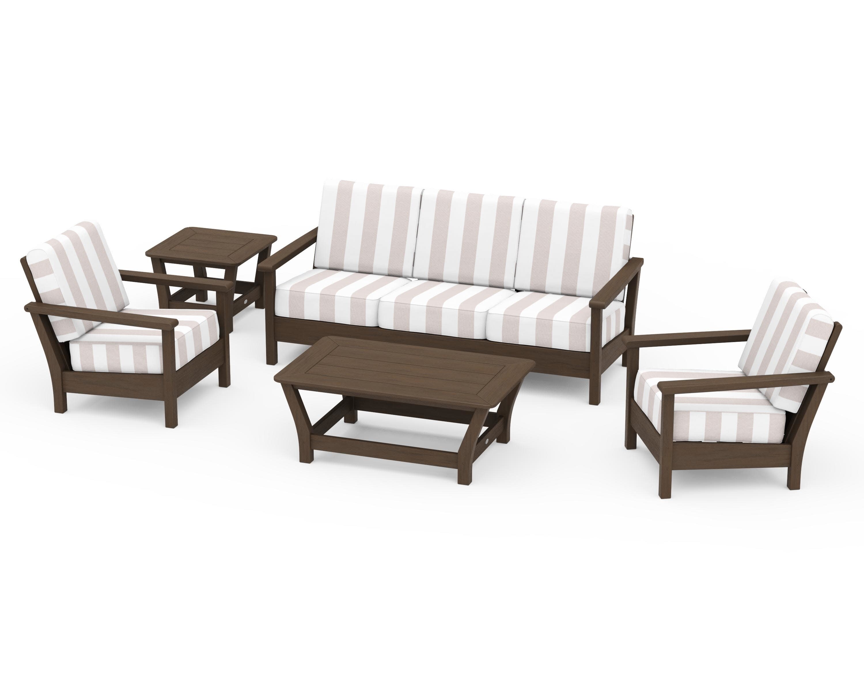 Harbour 5-Piece Deep Seating Set in Kona / Cabana Stripe Dune Burlap