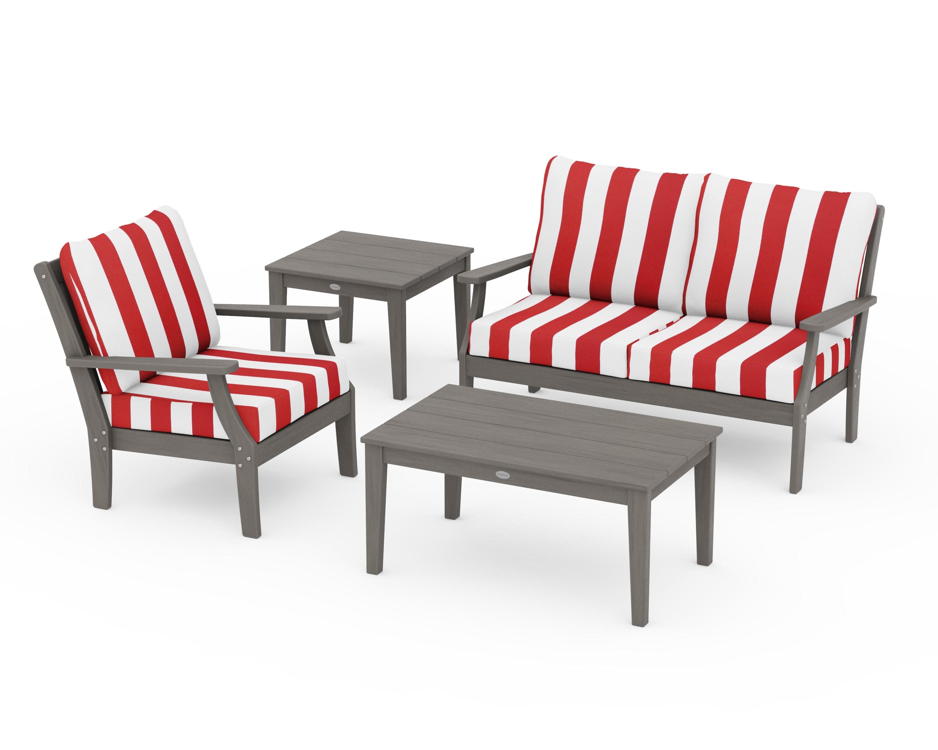 Braxton 4-Piece Deep Seating Set in Driftwood / Cabana Stripe Crimson