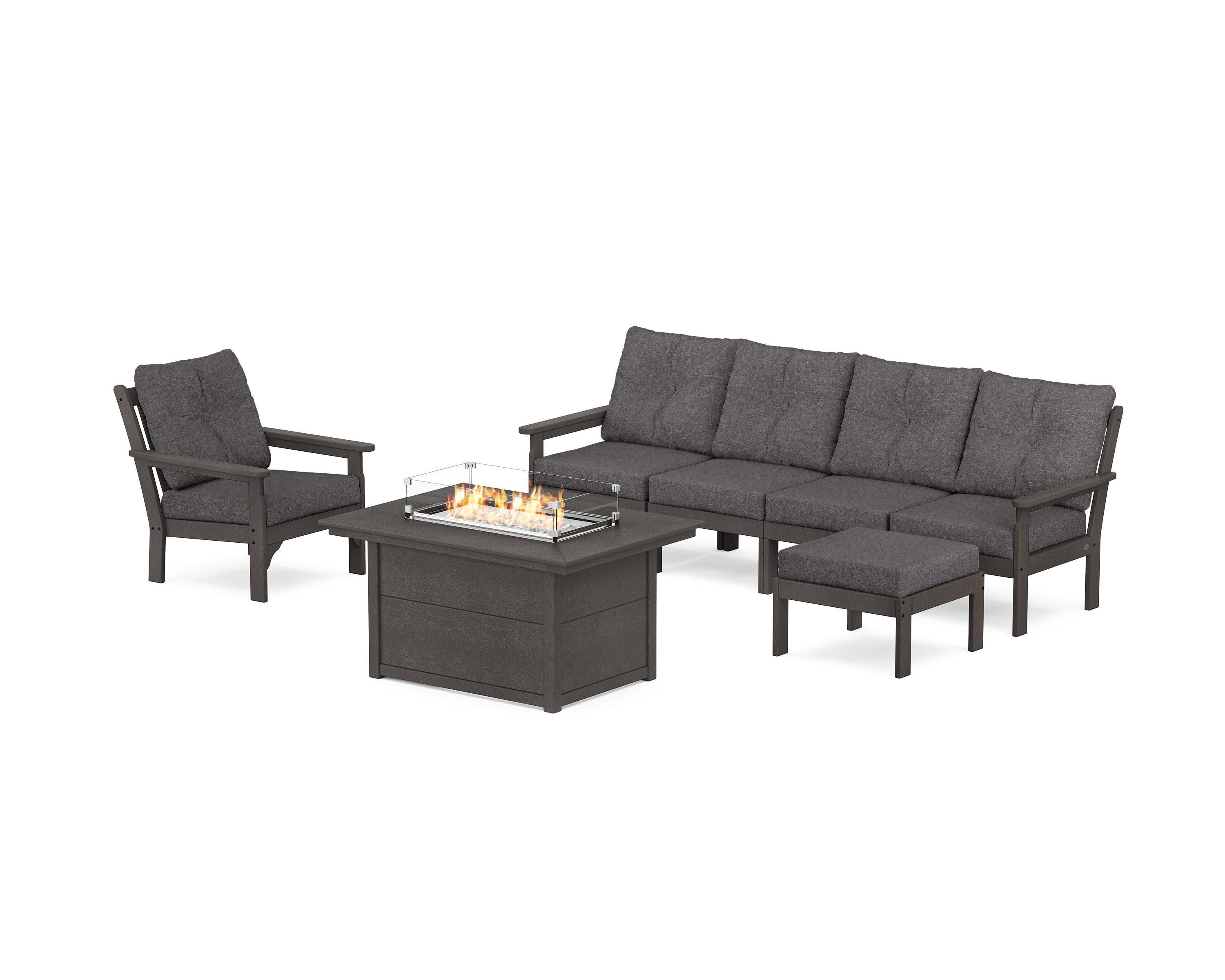 Vineyard Sectional Lounge and Fire Pit Set in Vintage Coffee / Ash Charcoal