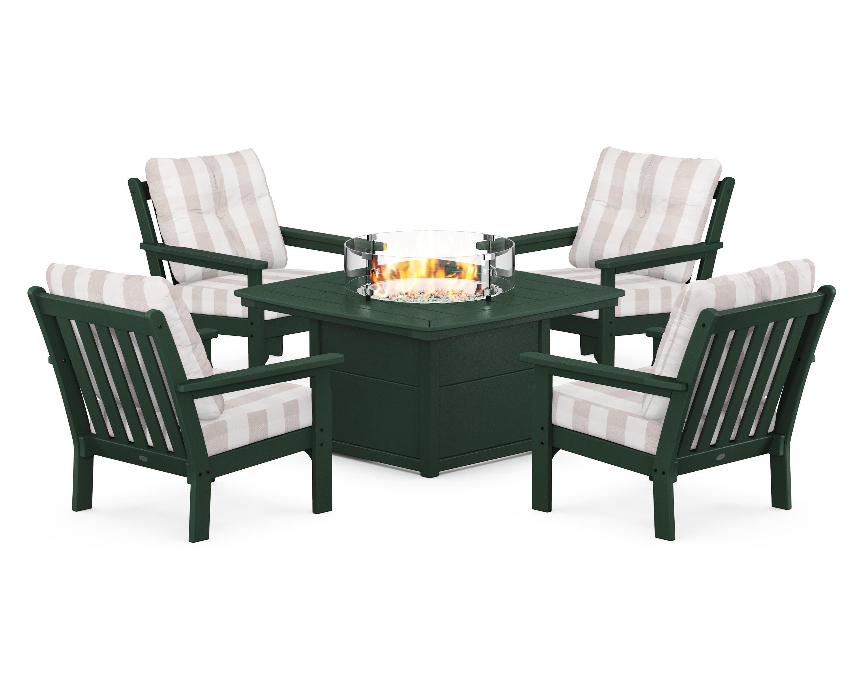 Vineyard 5-Piece Conversation Set with Fire Pit Table in Green / Buffalo Plaid Dune Burlap