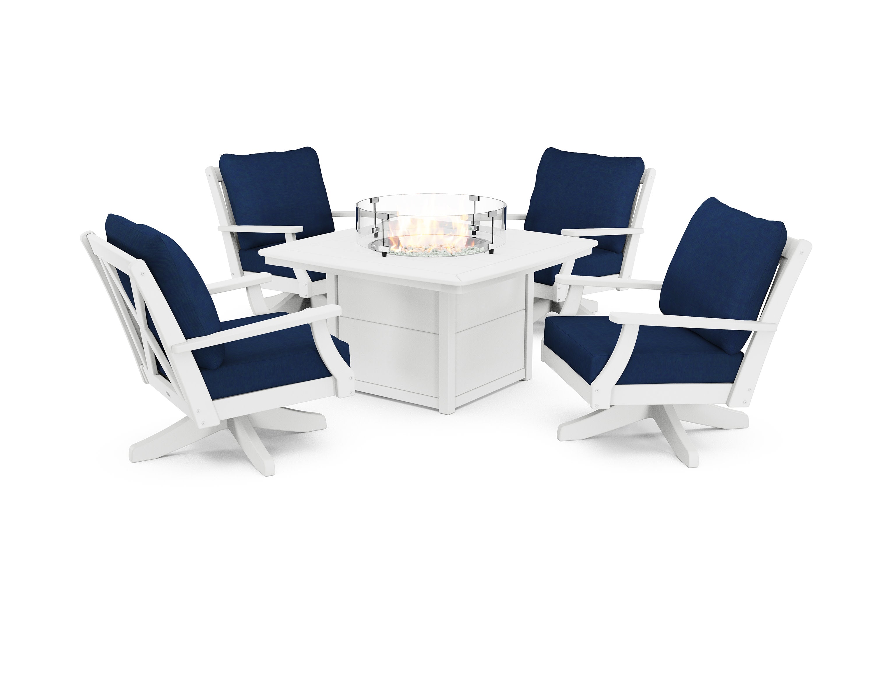 Braxton 5-Piece Deep Seating Swivel Conversation Set with Fire Pit Table in White / Navy