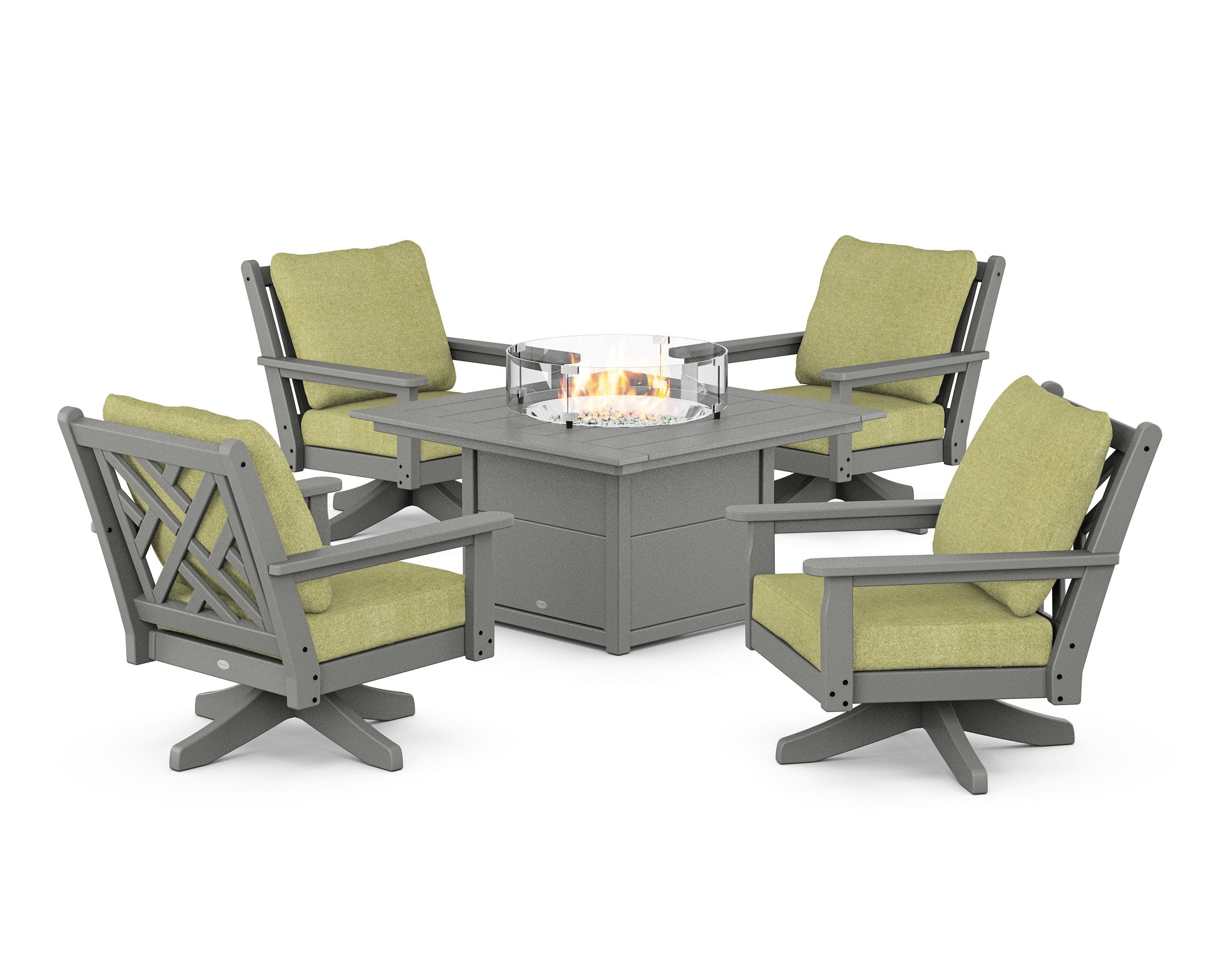 Chippendale 5-Piece Deep Seating Swivel Conversation Set with Fire Pit Table in Slate Grey / Chartreuse Boucle