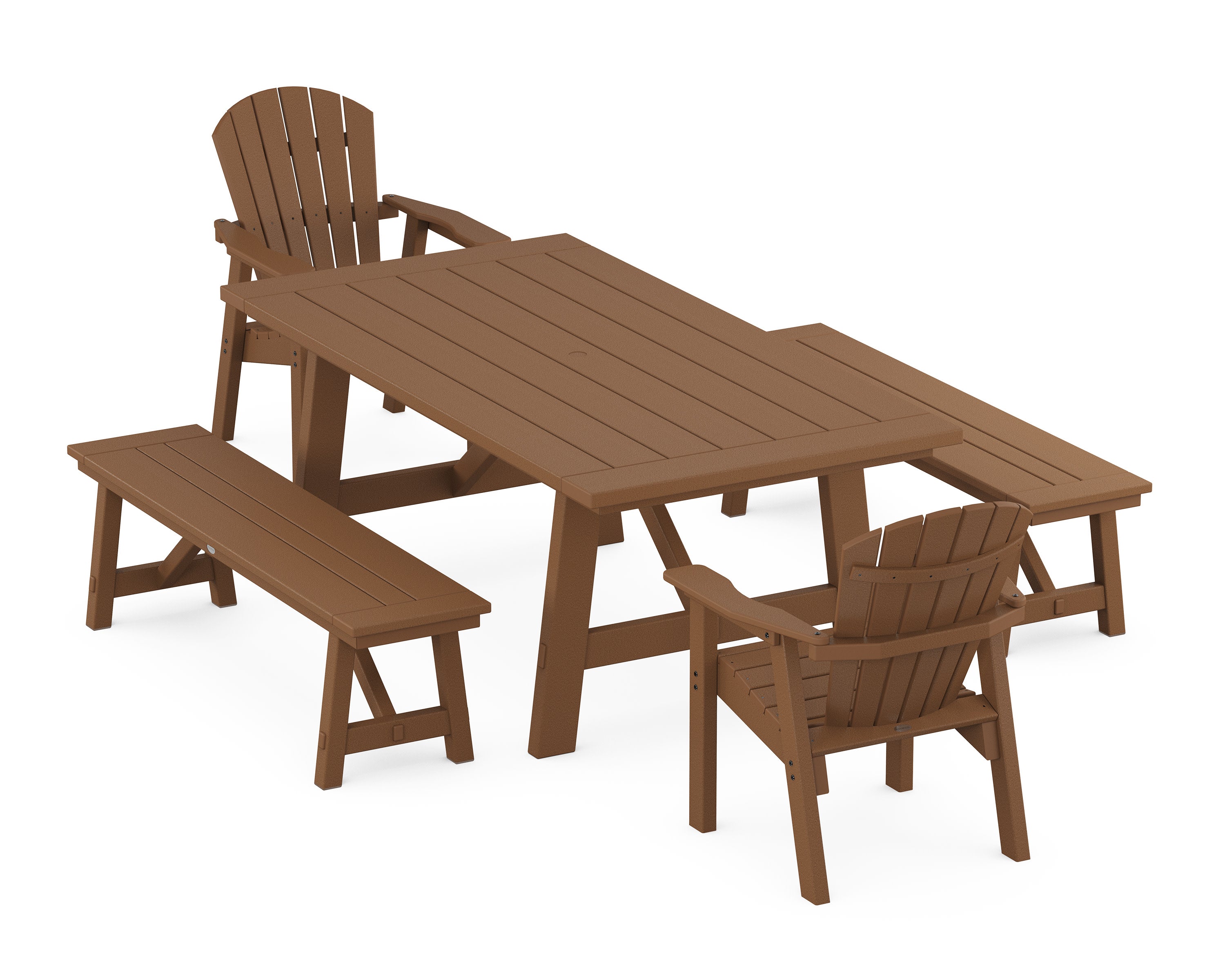 Seashell 5-Piece Rustic Farmhouse Dining Set With Benches in Teak