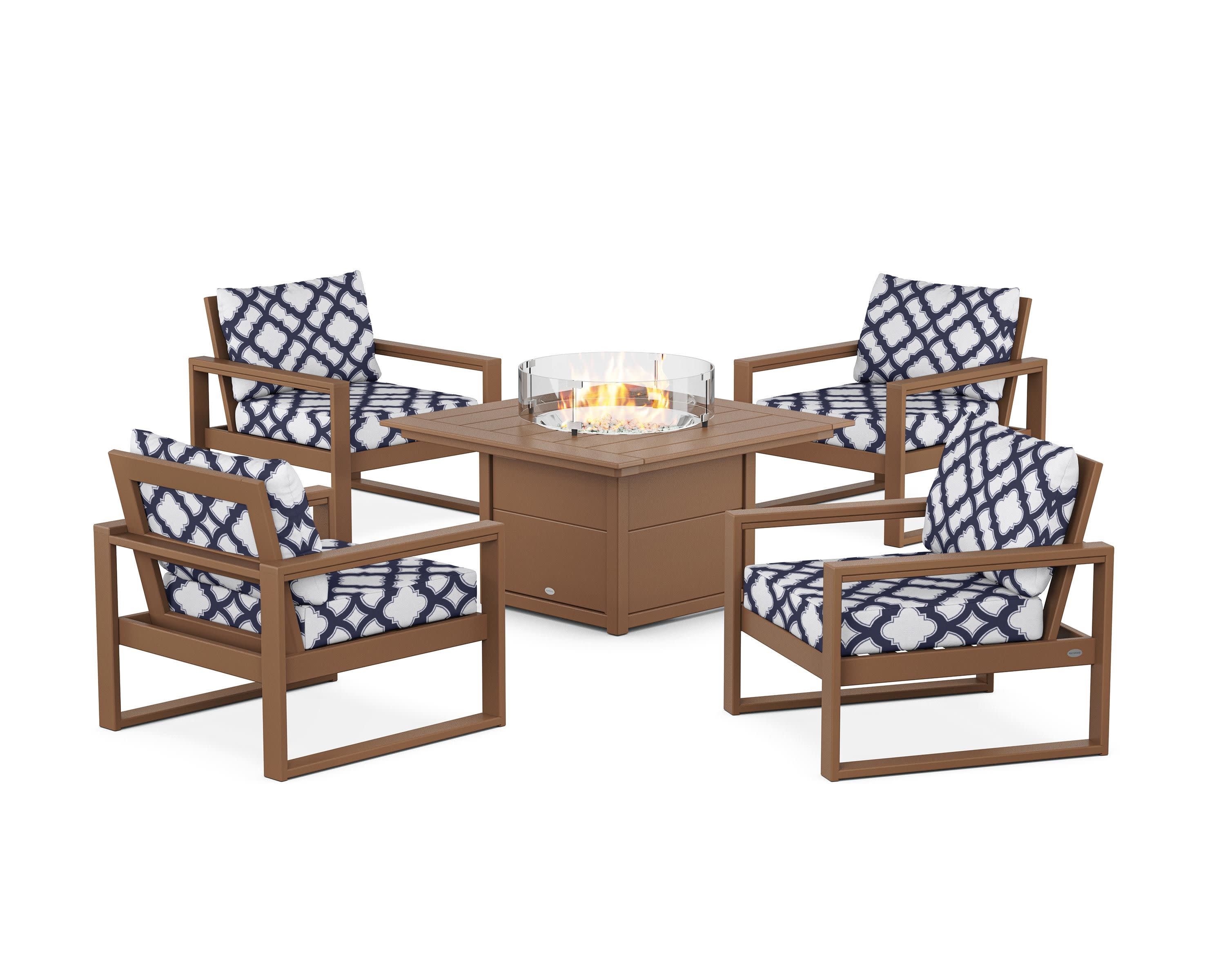 EDGE Sectional 5-Piece Deep Seating Set with Fire Pit Table in Teak / Trellis Navy
