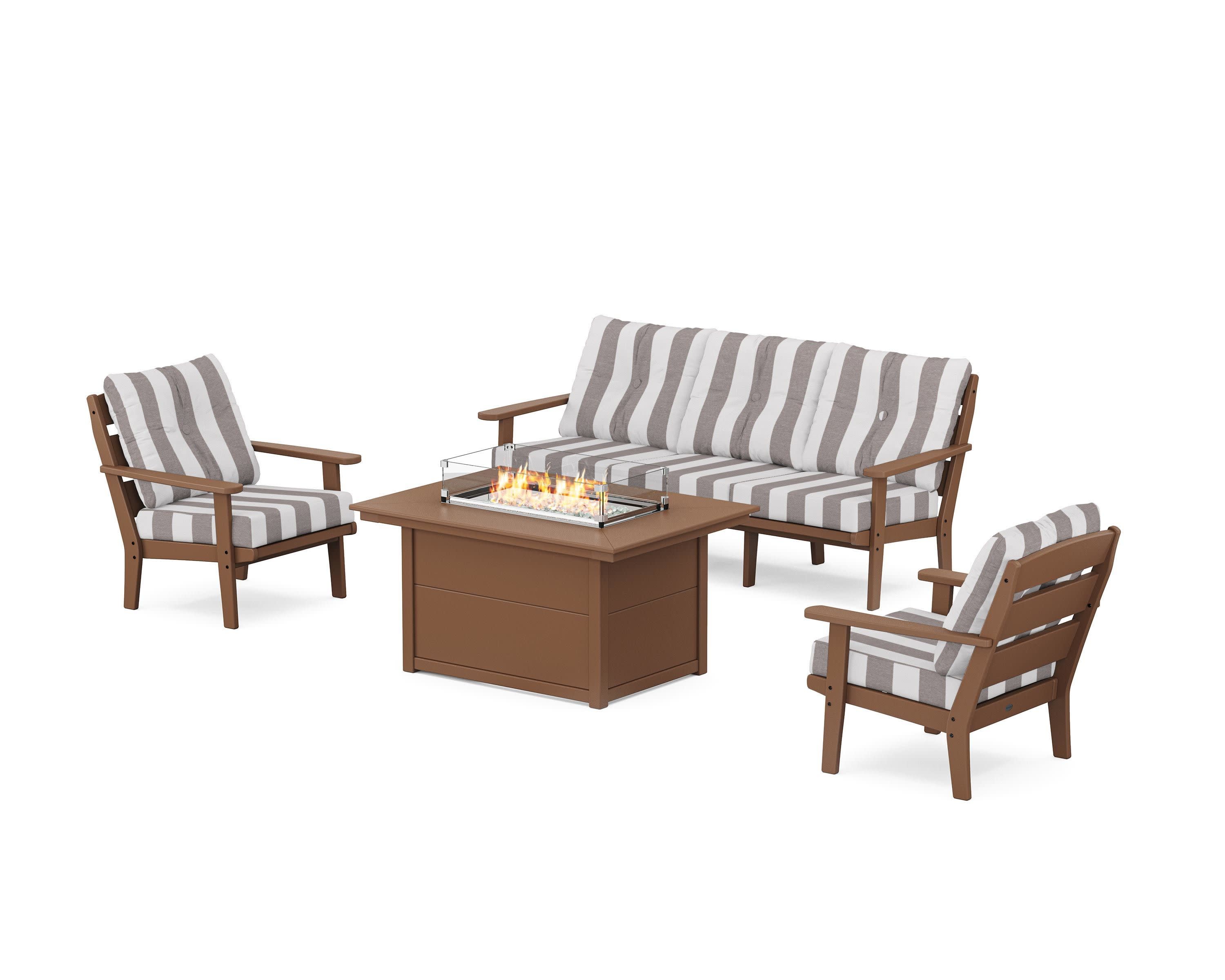 Lakeside Deep Seating Fire Pit Table Set in Teak / Cabana Stripe Grey Mist