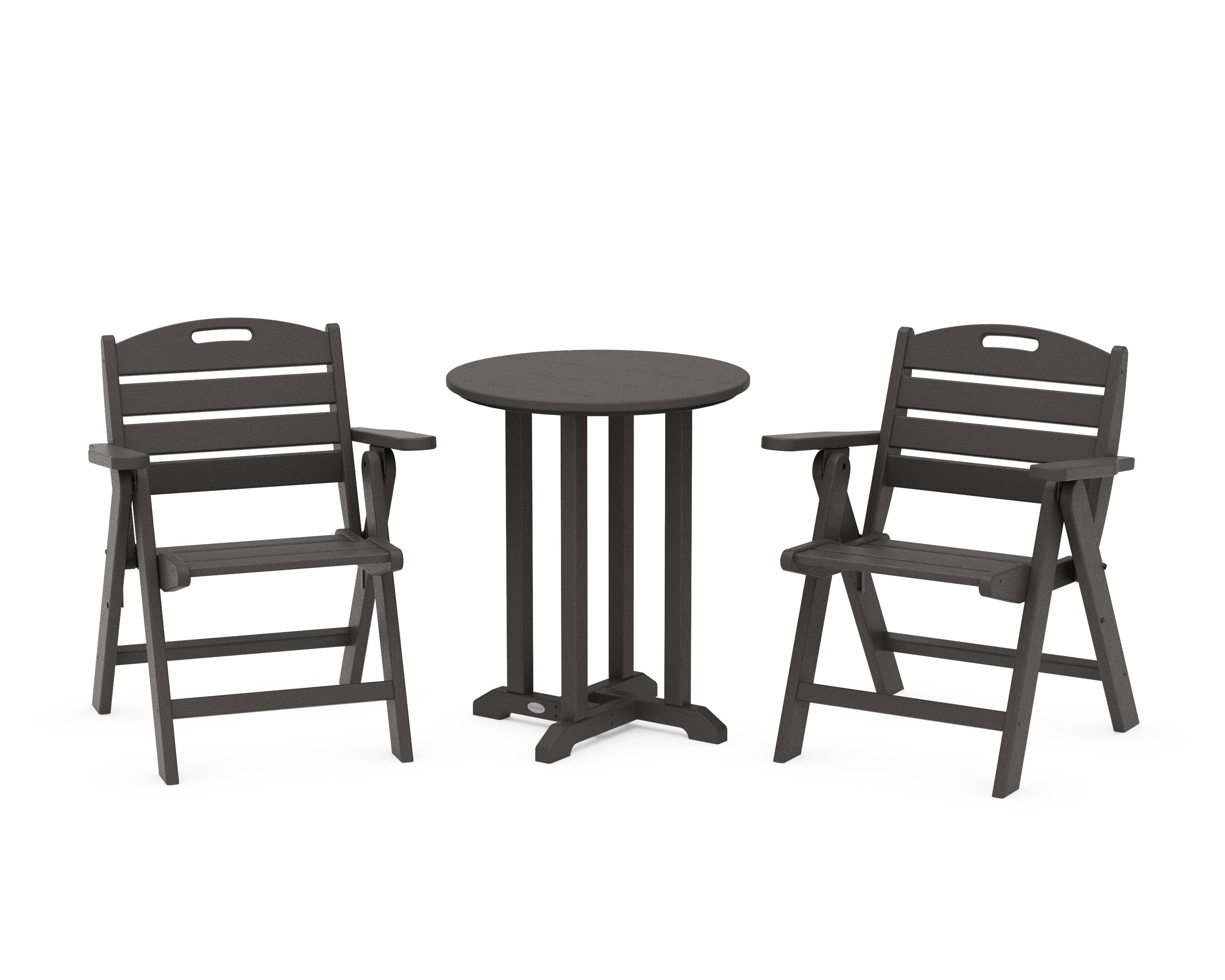 Nautical Folding Lowback Chair 3-Piece Round Bistro Dining Set in Vintage Coffee