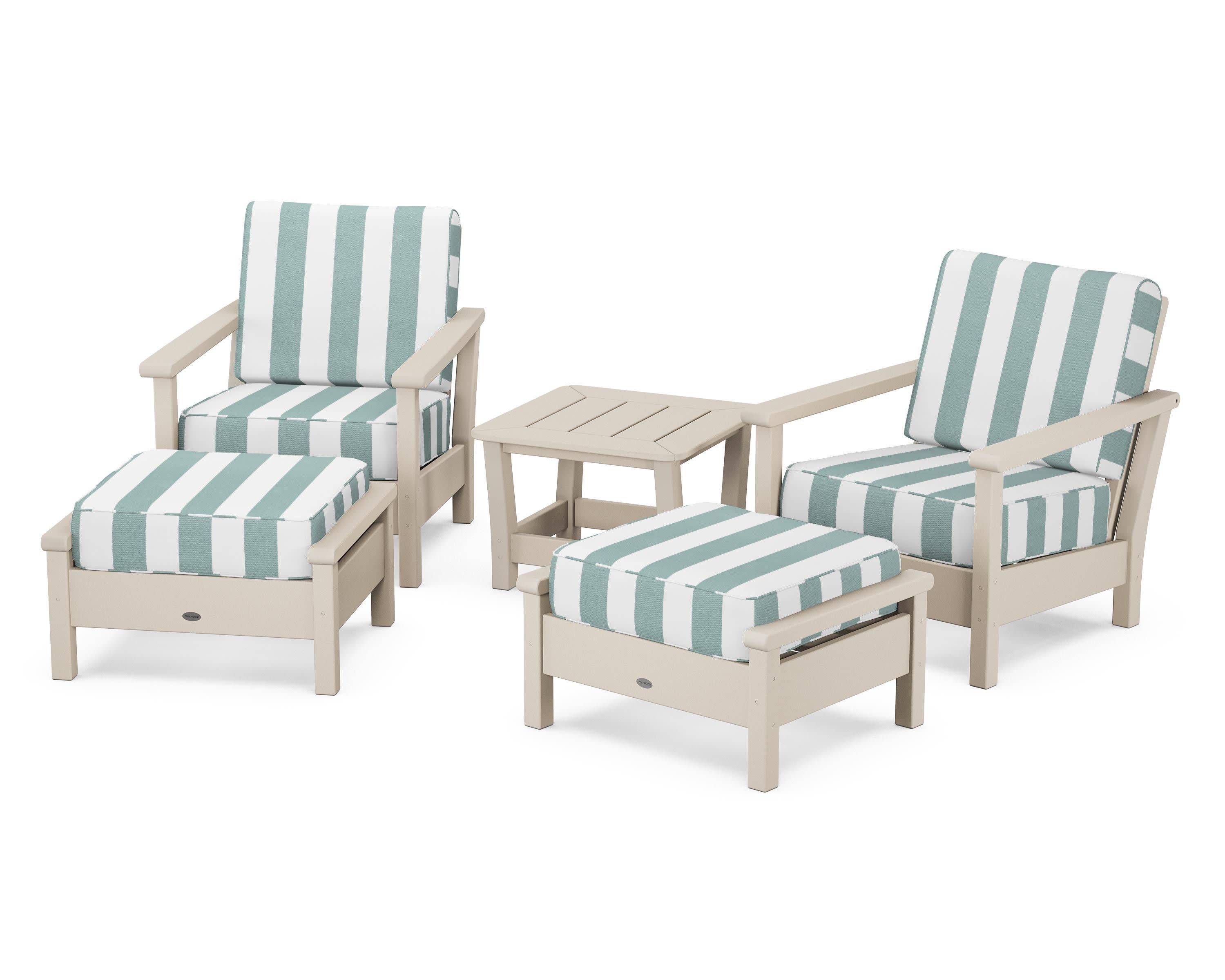 Harbour 5-Piece Deep Seating Chair Set in Sand / Cabana Stripe Glacier Spa