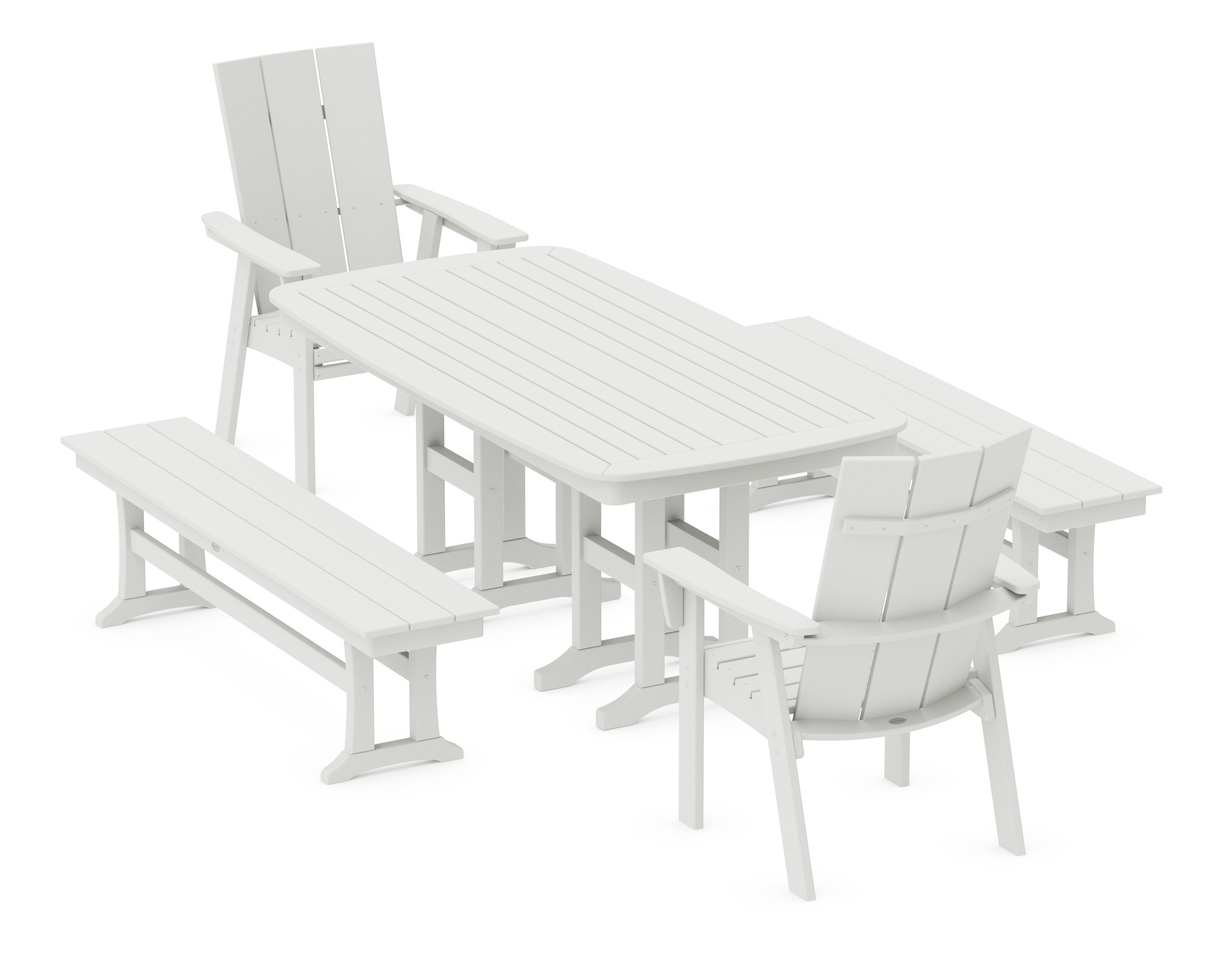 Modern Curveback Adirondack 5-Piece Dining Set with Benches in Vintage White