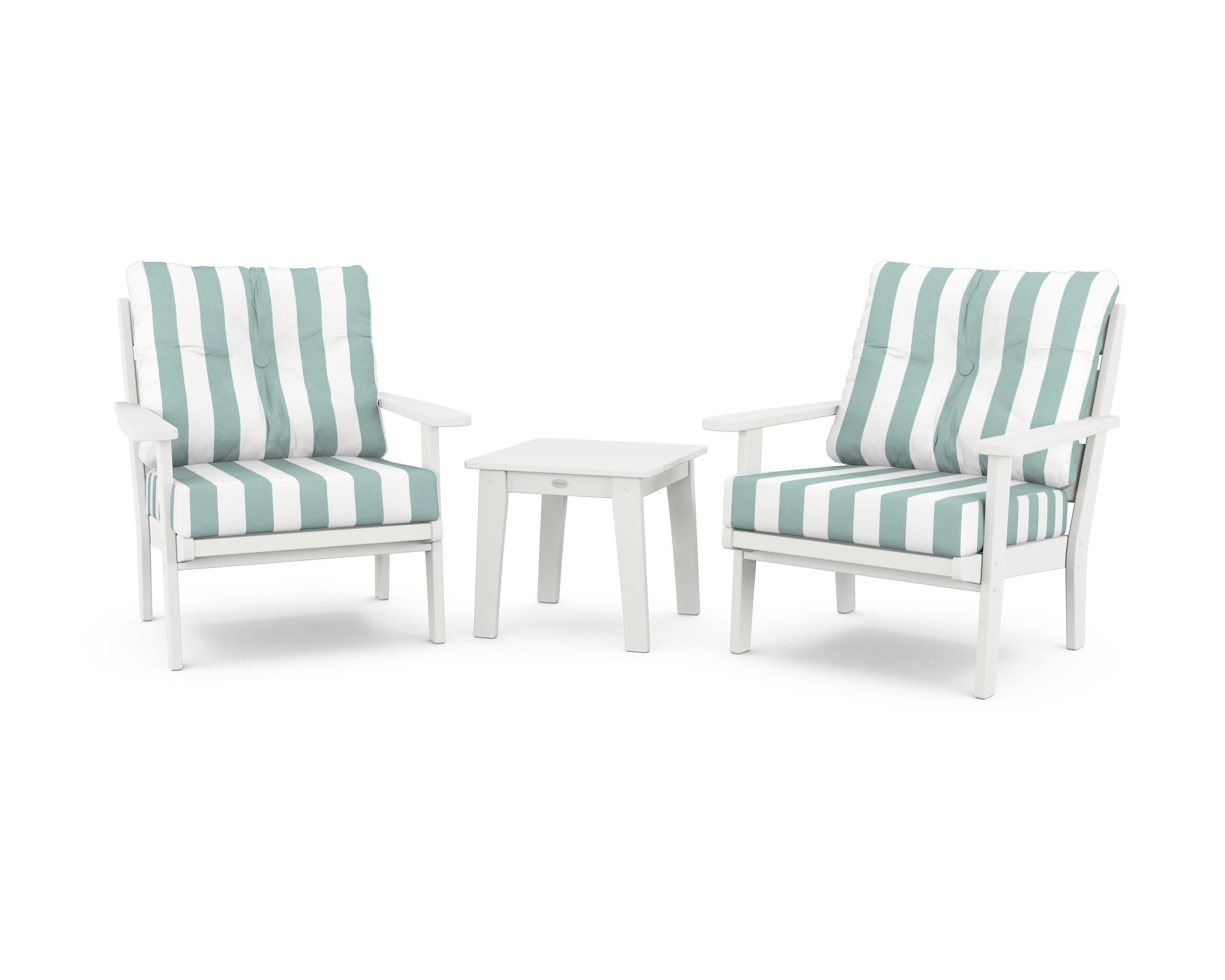 Lakeside 3-Piece Deep Seating Chair Set in Vintage White / Cabana Stripe Glacier Spa