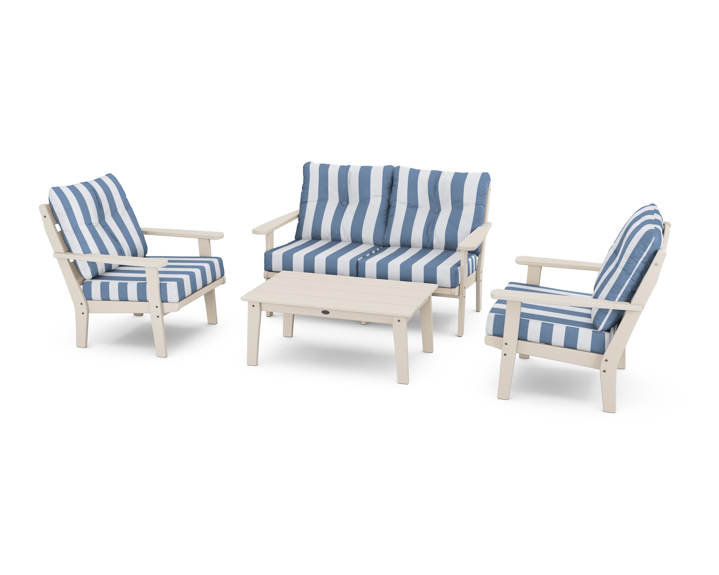 Lakeside 4-Piece Deep Seating Set in Sand / Cabana Stripe Sky Blue