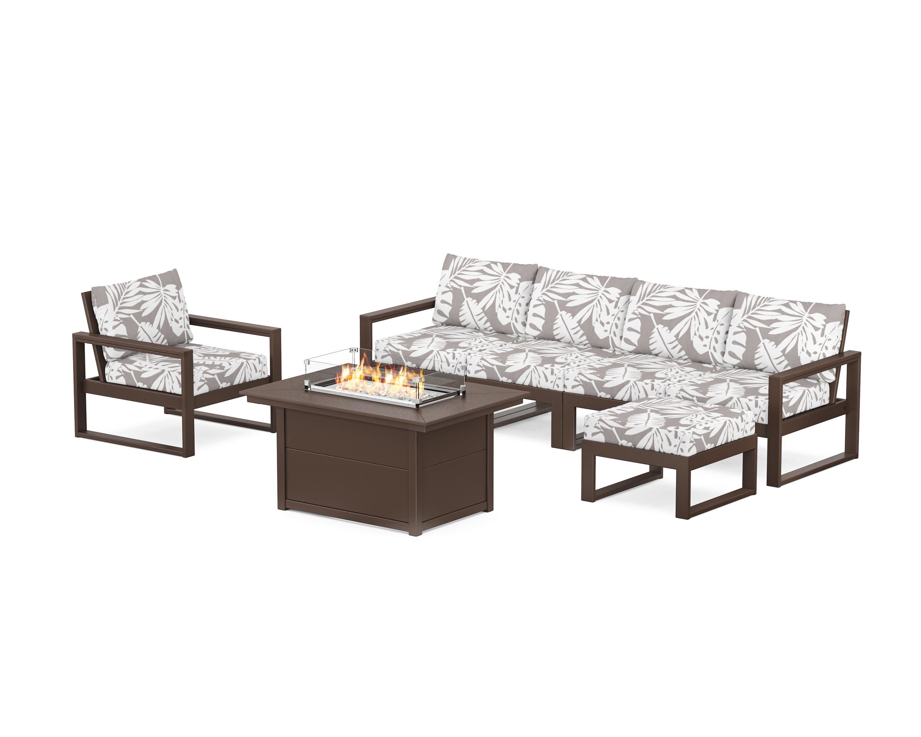 EDGE Sectional Lounge and Fire Pit Set in Mahogany / Leaf Grey Mist