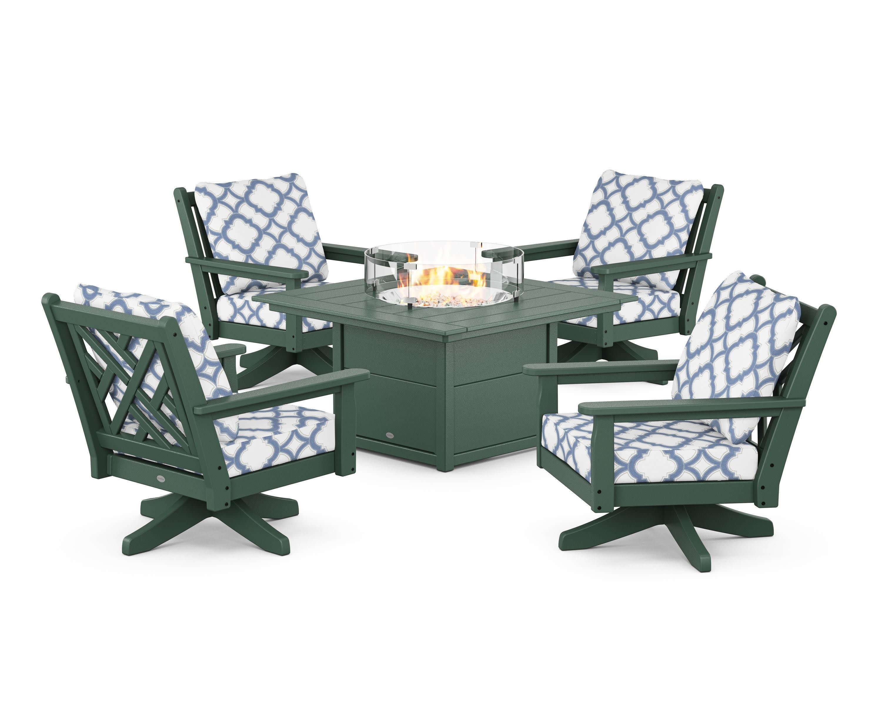 Chippendale 5-Piece Deep Seating Swivel Conversation Set with Fire Pit Table in Green / Trellis Sky Blue