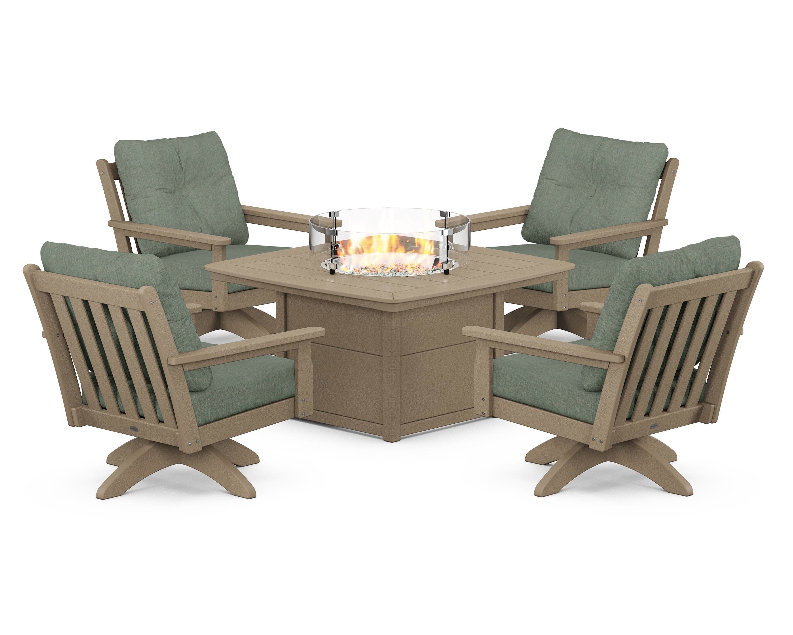 Vineyard 5-Piece Deep Seating Swivel Conversation Set with Fire Pit Table in Vintage Sahara / Cast Sage