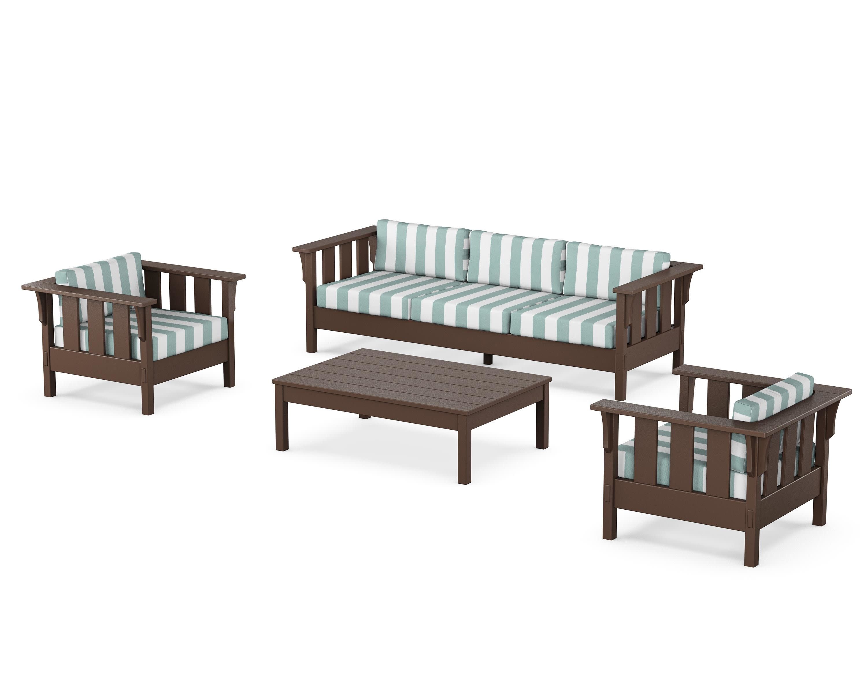 Acadia 4-Piece Deep Seating Set with Sofa in Mahogany / Cabana Stripe Glacier Spa