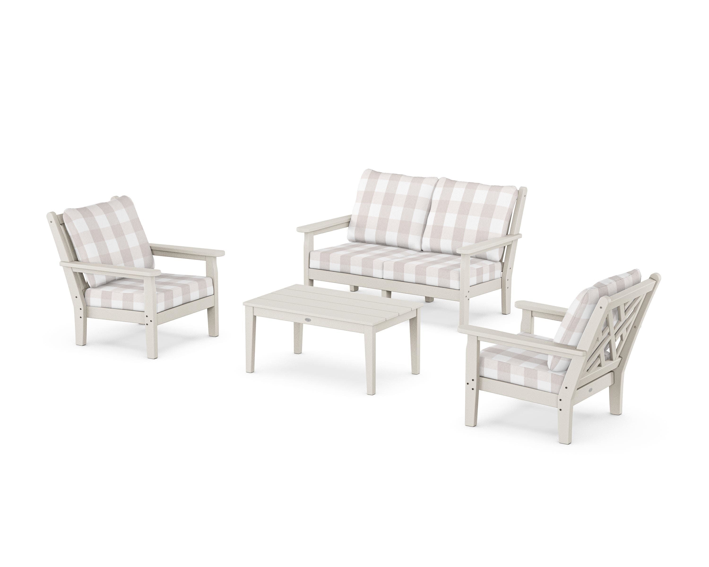 Chippendale 4-Piece Deep Seating Set with Loveseat in Sand / Buffalo Plaid Dune Burlap