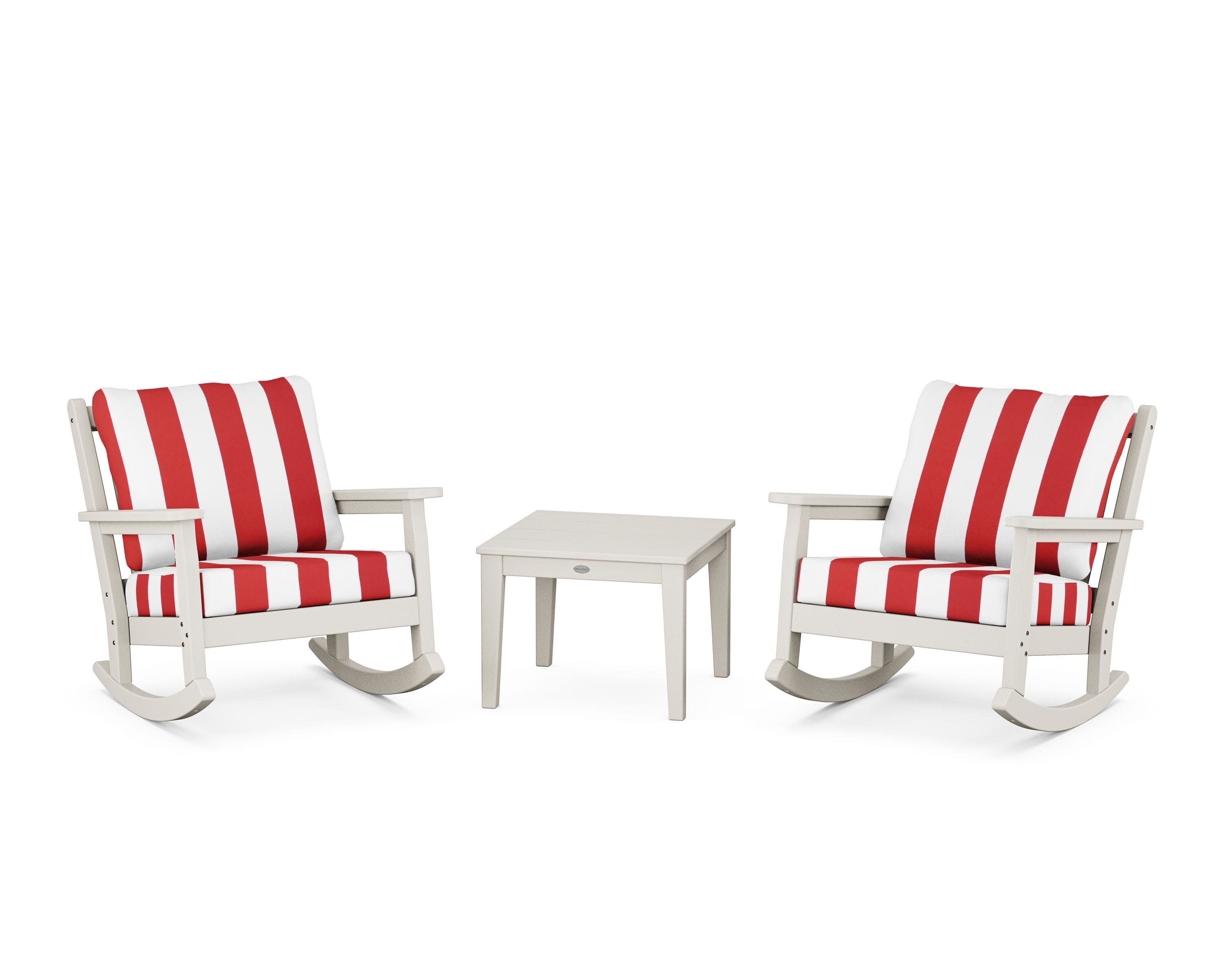 Chippendale 3-Piece Deep Seating Rocker Set in Sand / Cabana Stripe Crimson