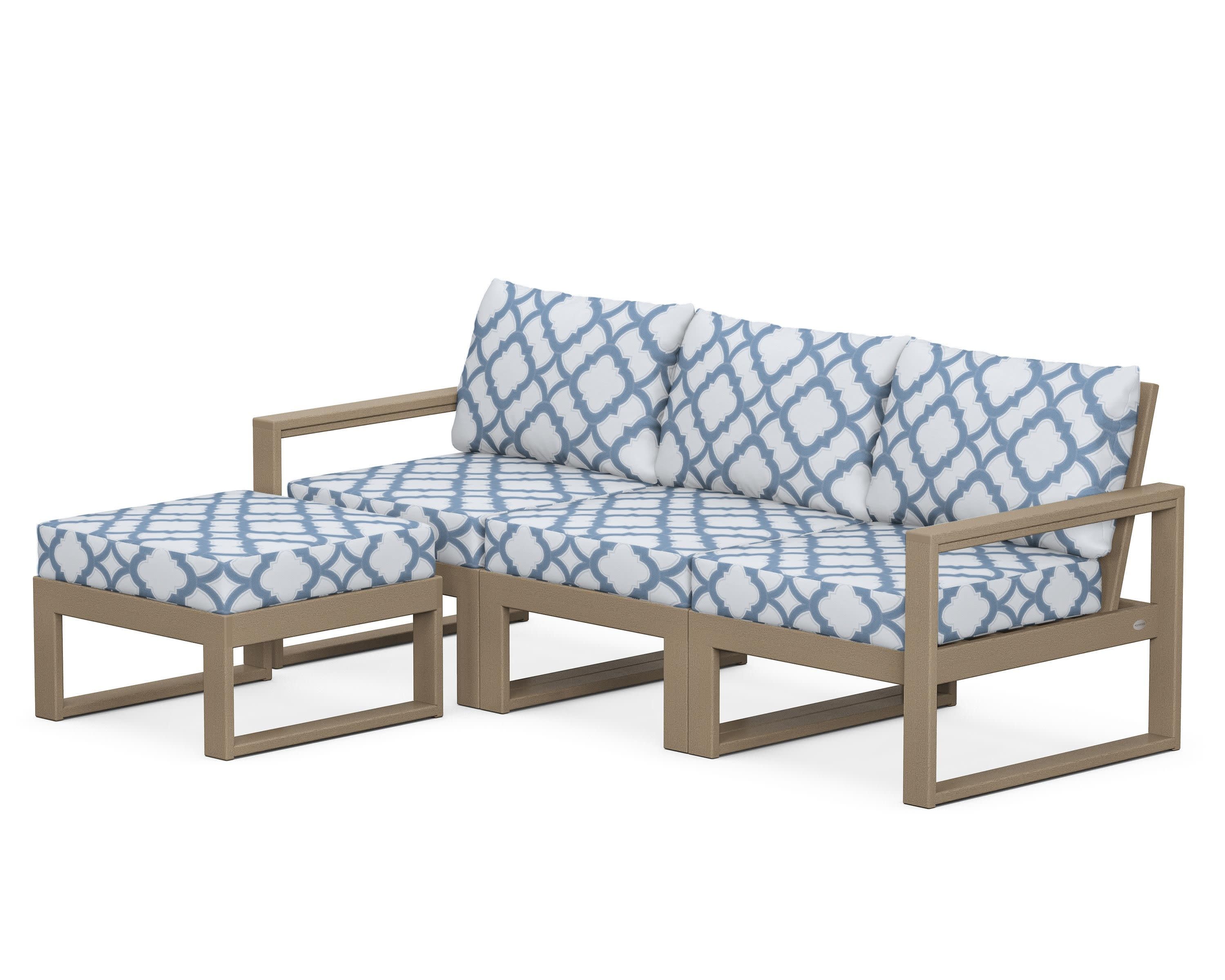 EDGE 4-Piece Modular Deep Seating Set with Ottoman in Vintage Sahara / Trellis Sky Blue