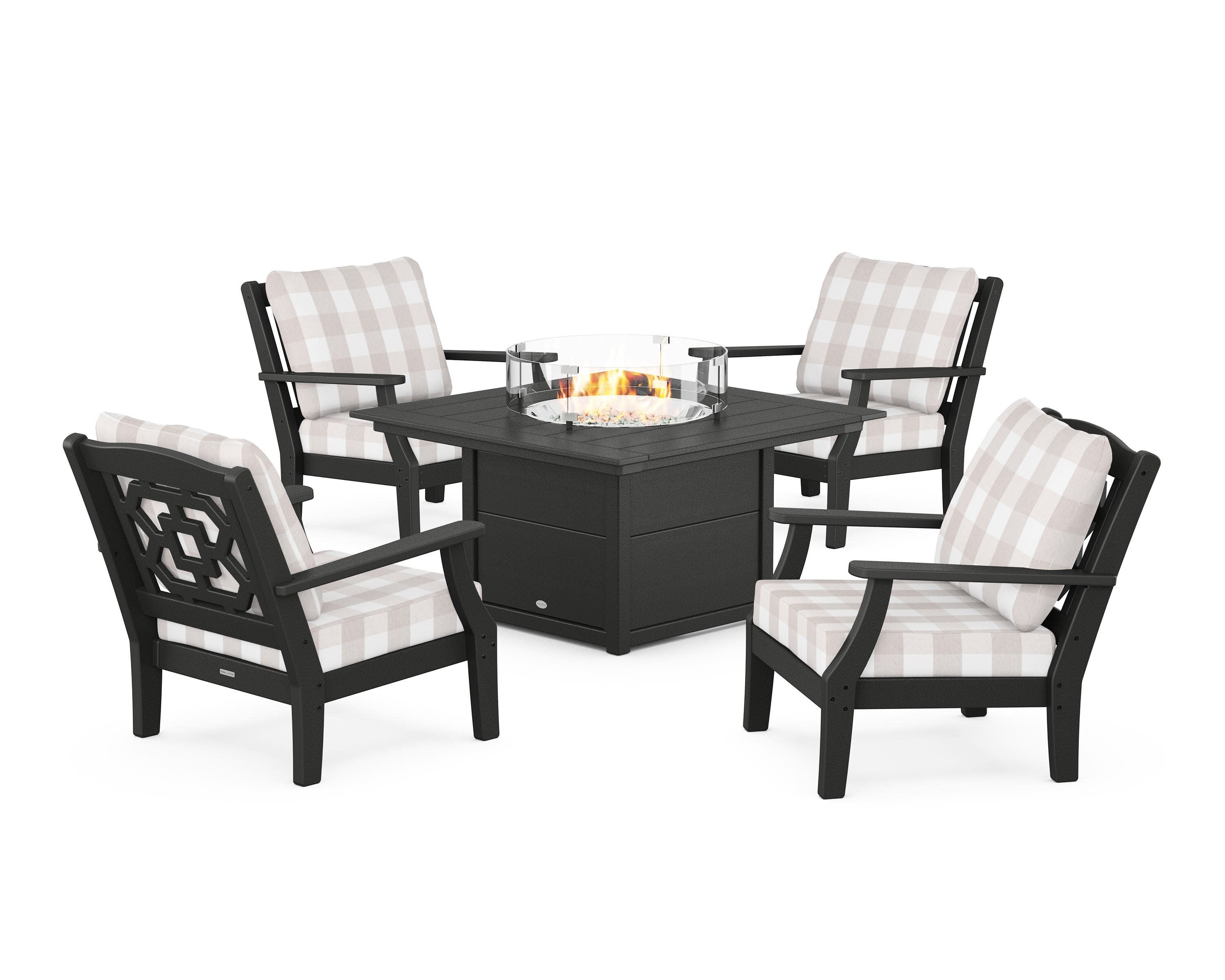 Chinoiserie 5-Piece Deep Seating Set with Fire Pit Table in Black / Buffalo Plaid Dune Burlap